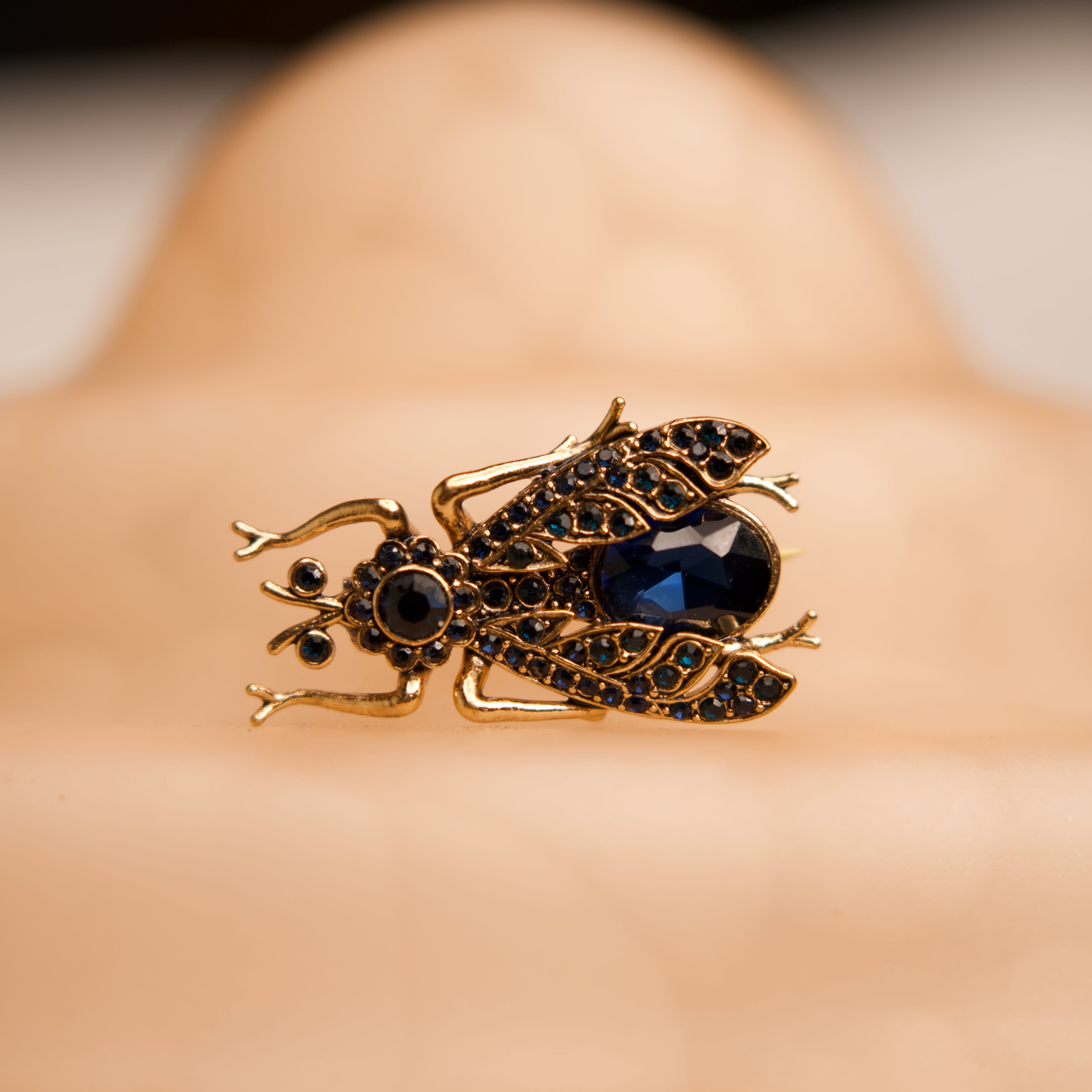 Gold insect-shaped brooch with gemstones on a person's shoulder