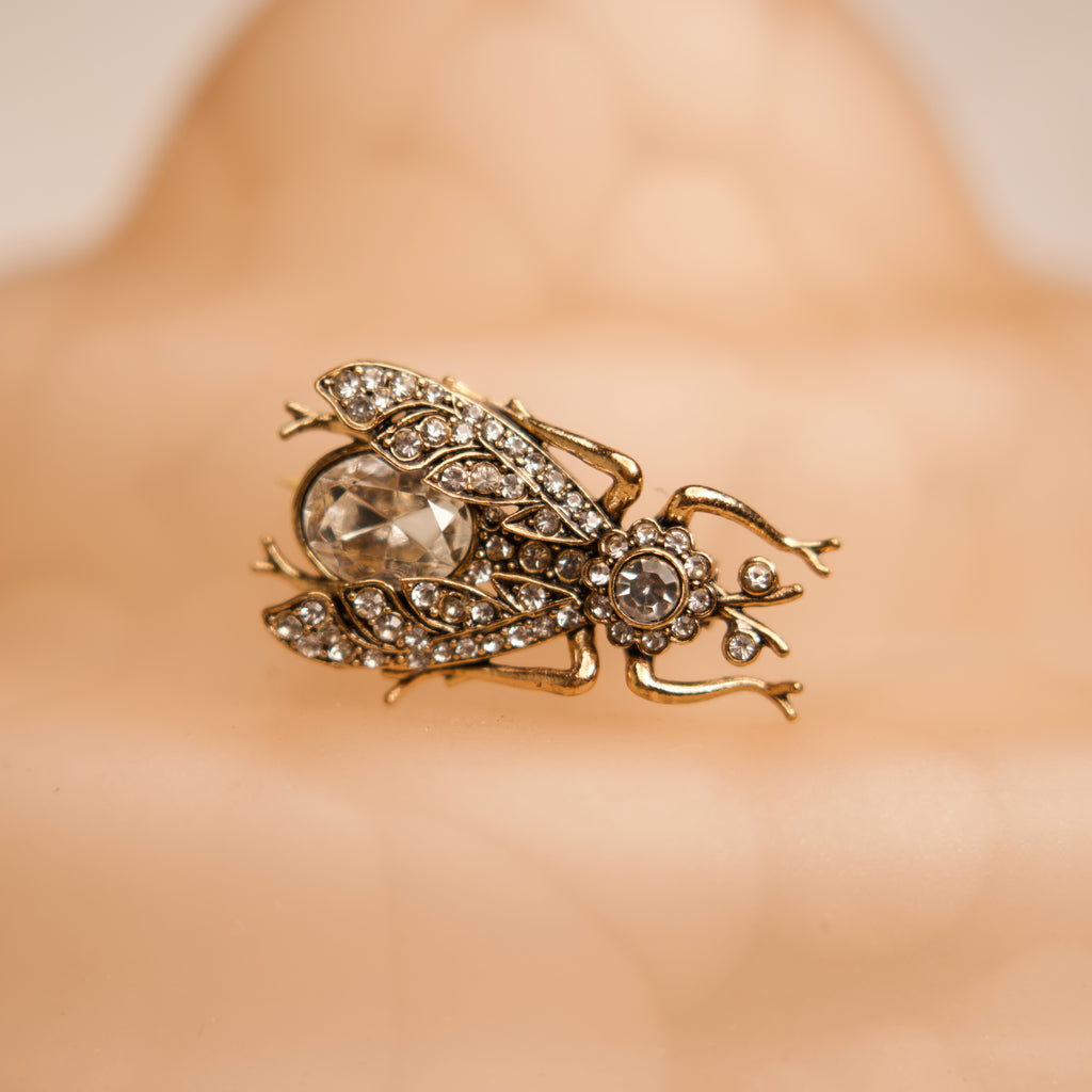 Gold insect-shaped brooch with gemstones on a person's chest