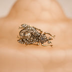 Gold insect-shaped brooch with gemstones on a person's chest