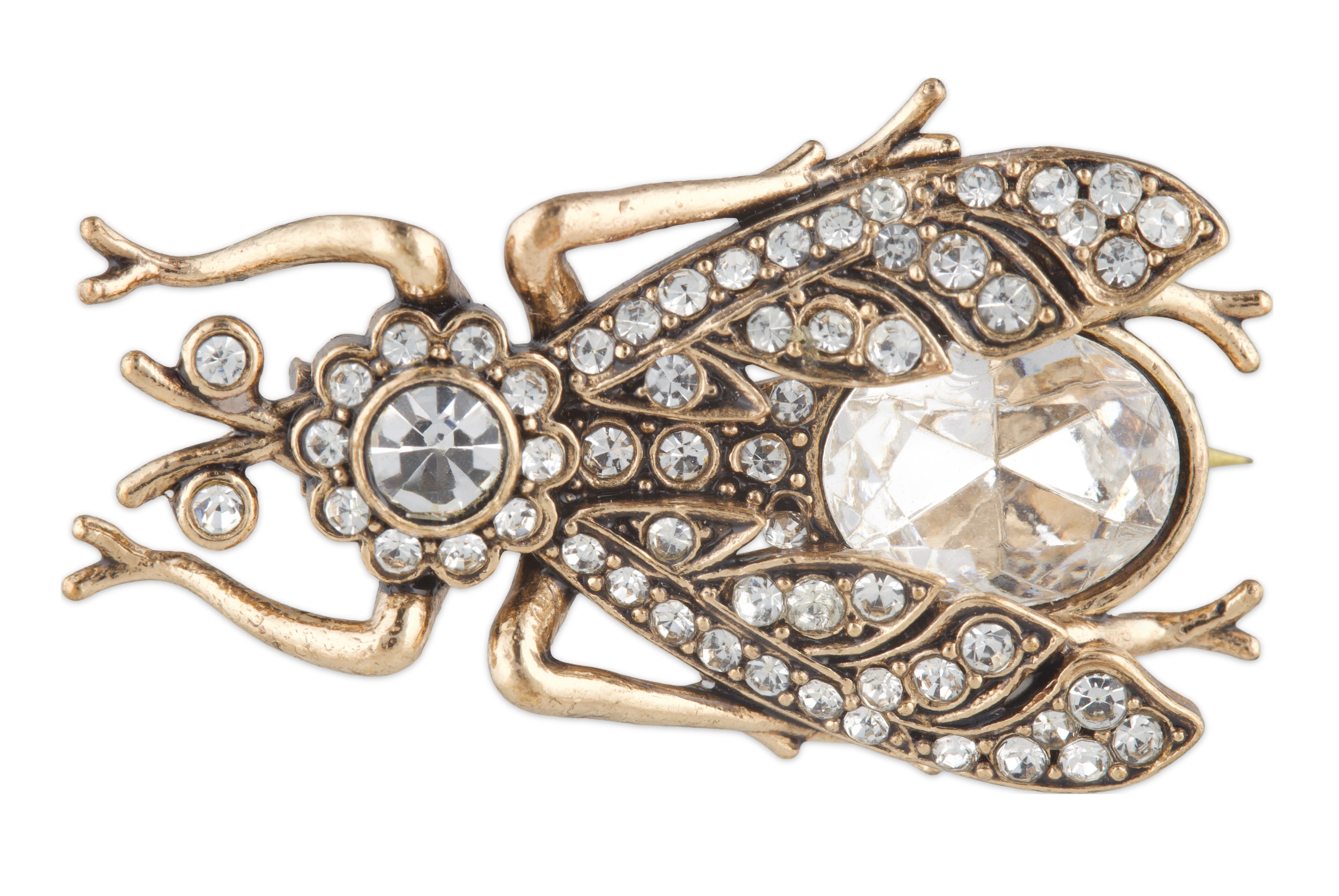 Decorative frog brooch with rhinestones on a white background