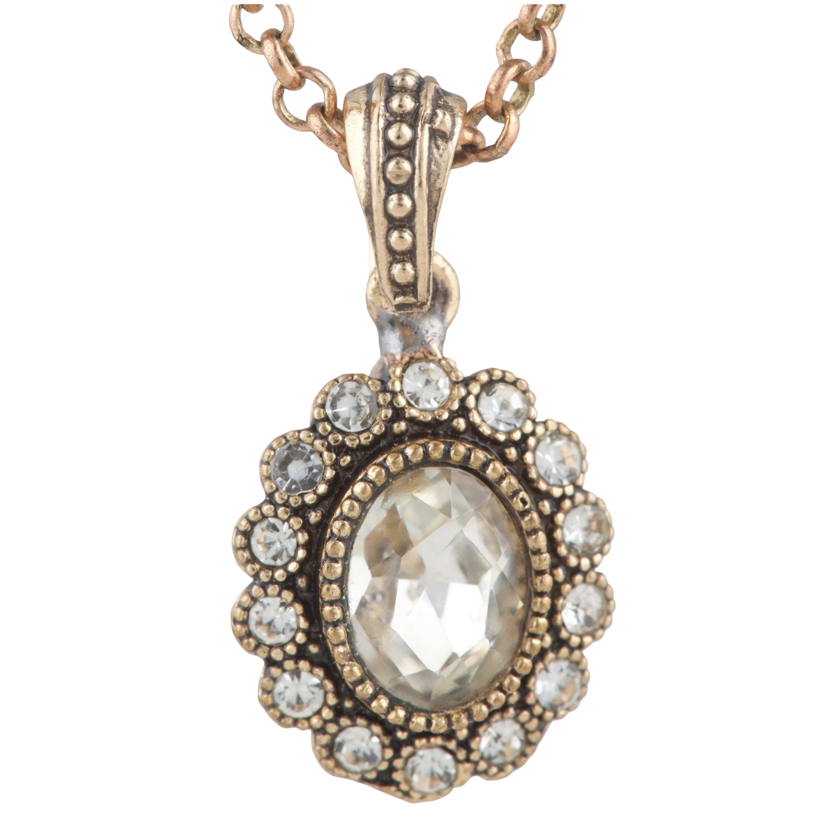 Rose gold necklace with a pendant featuring a large central gemstone and smaller stones around it on a white background.