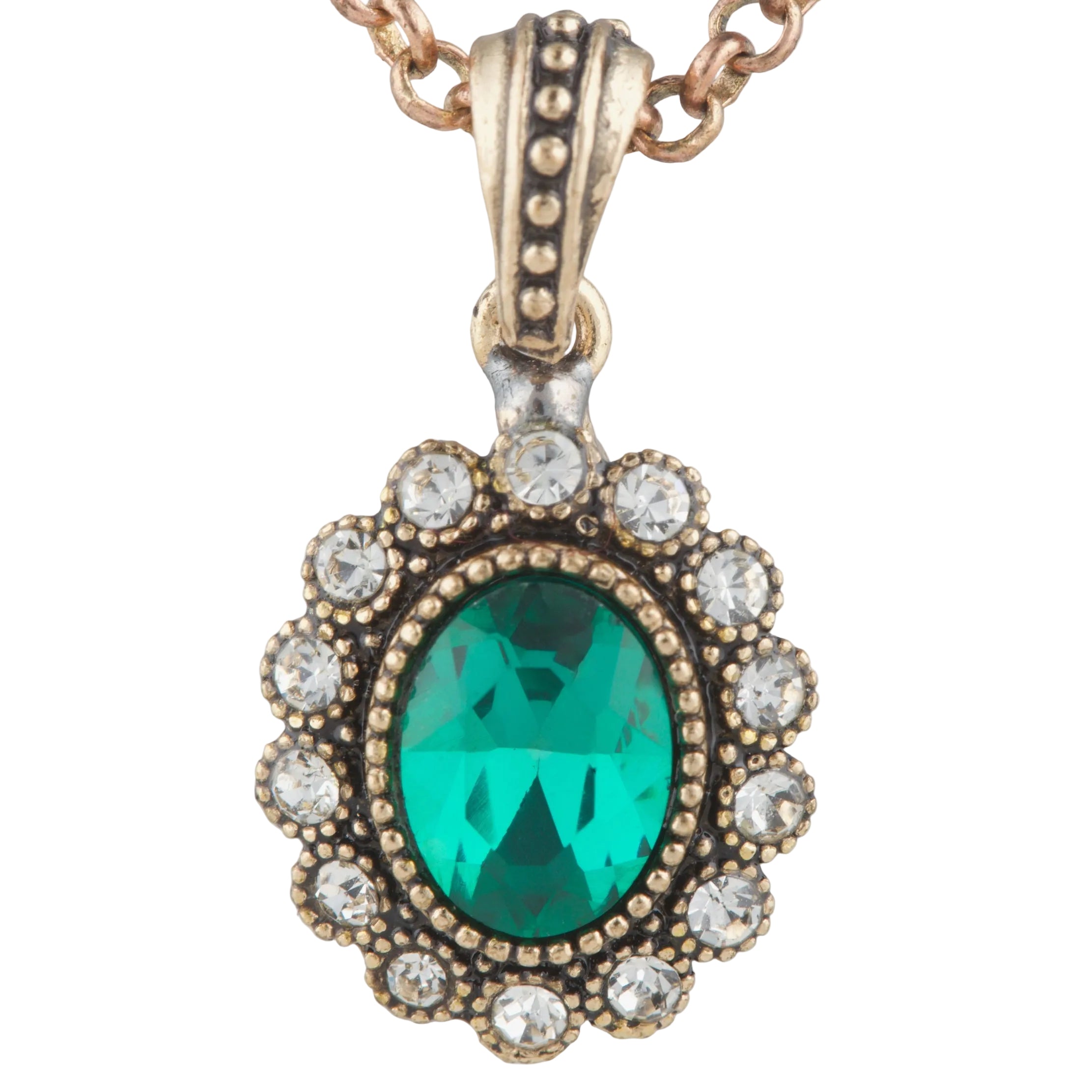 Jewelry pendant with green gemstone and rose gold chain on white background