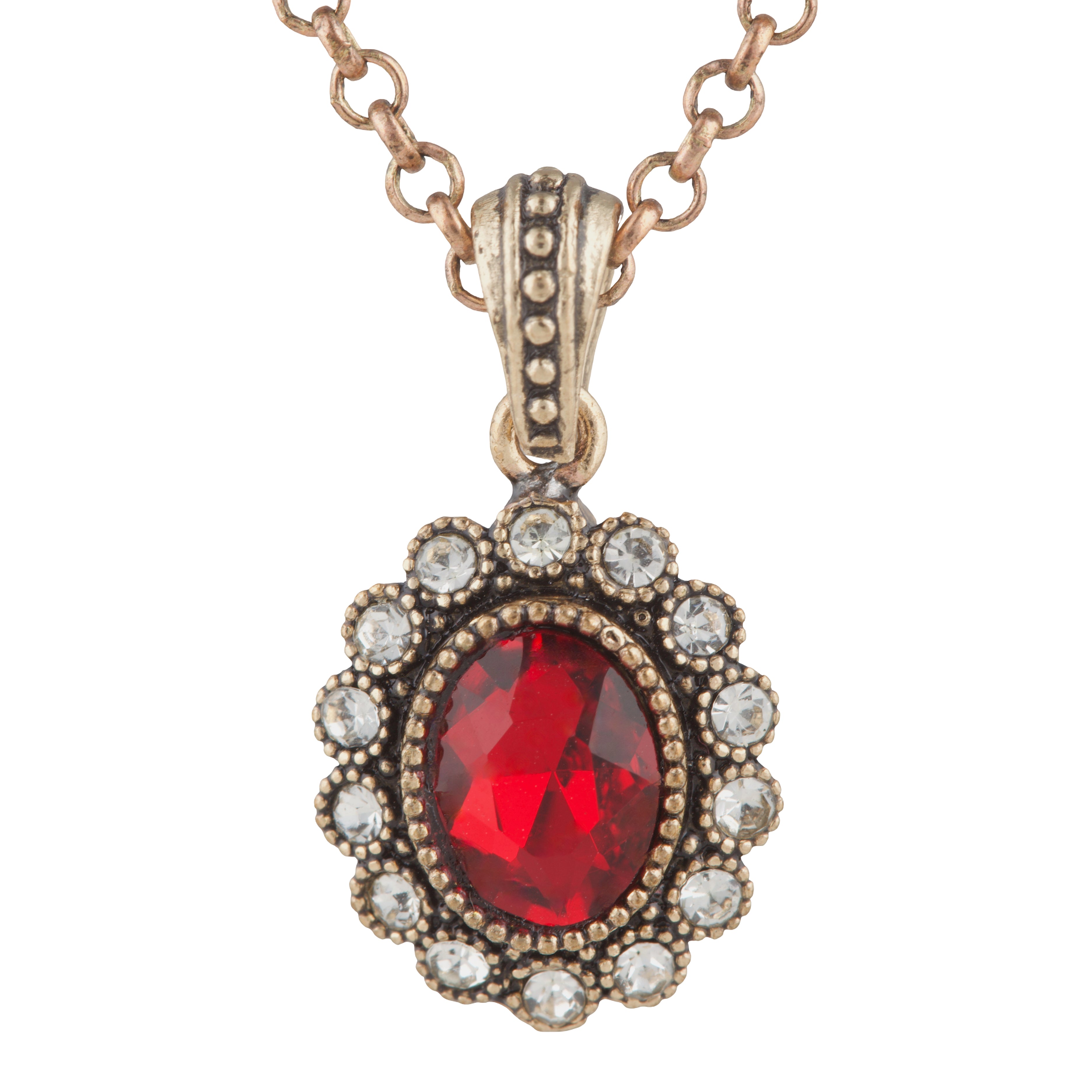 Jewelry pendant with a red gemstone and chain on a white background