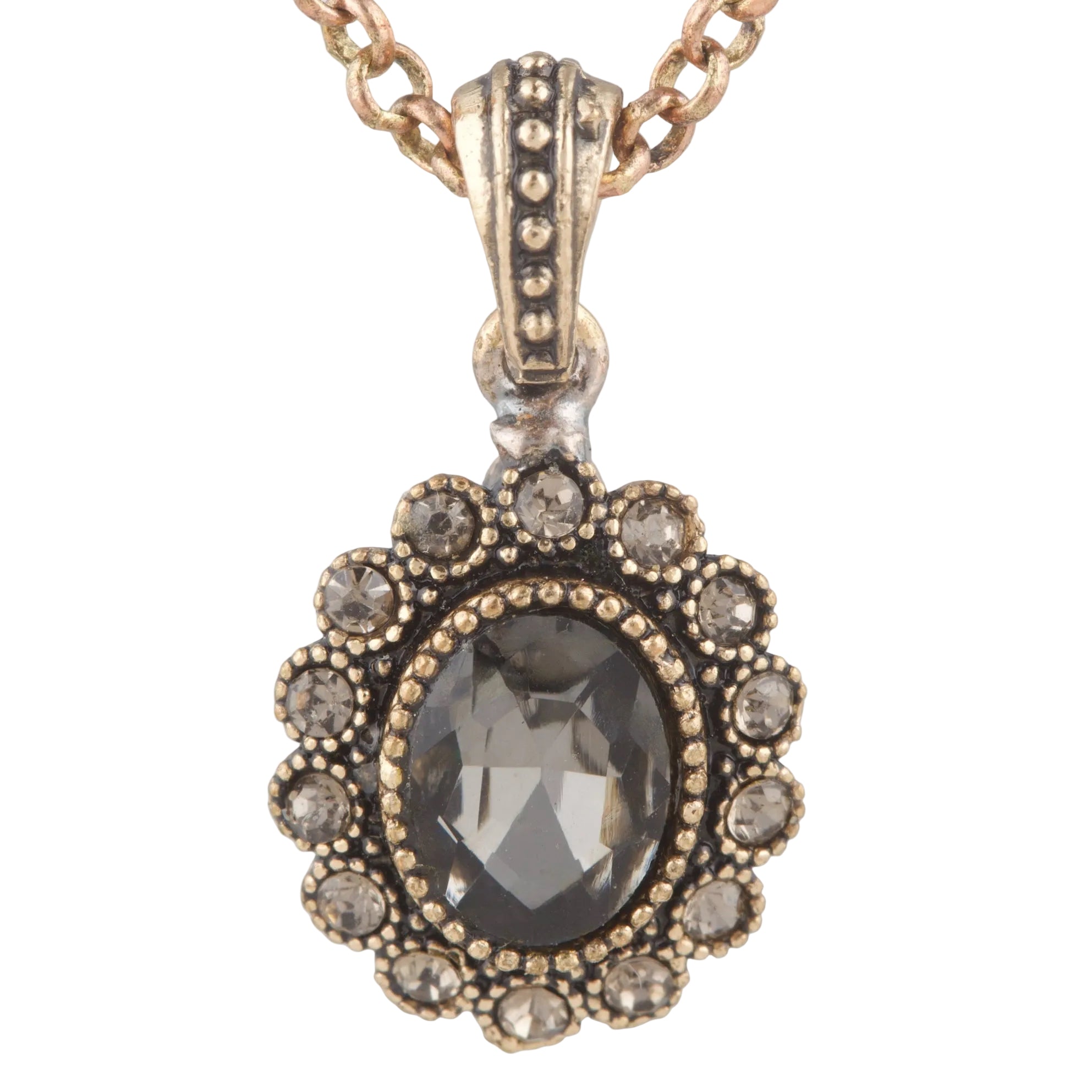 Decorative pendant necklace with rose gold chain on a white background