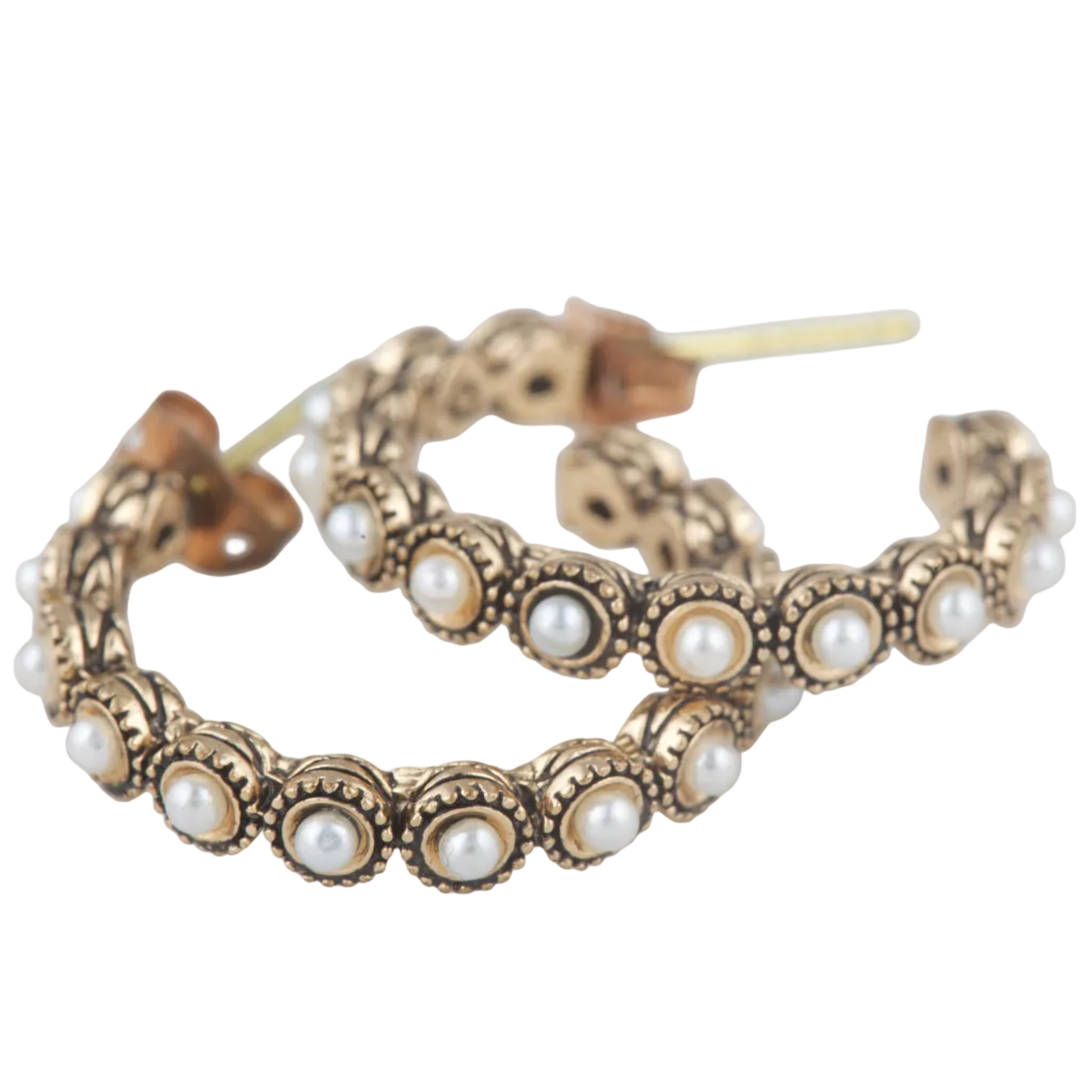 Pair of gold hoop earrings with pearl-like beads on a white background