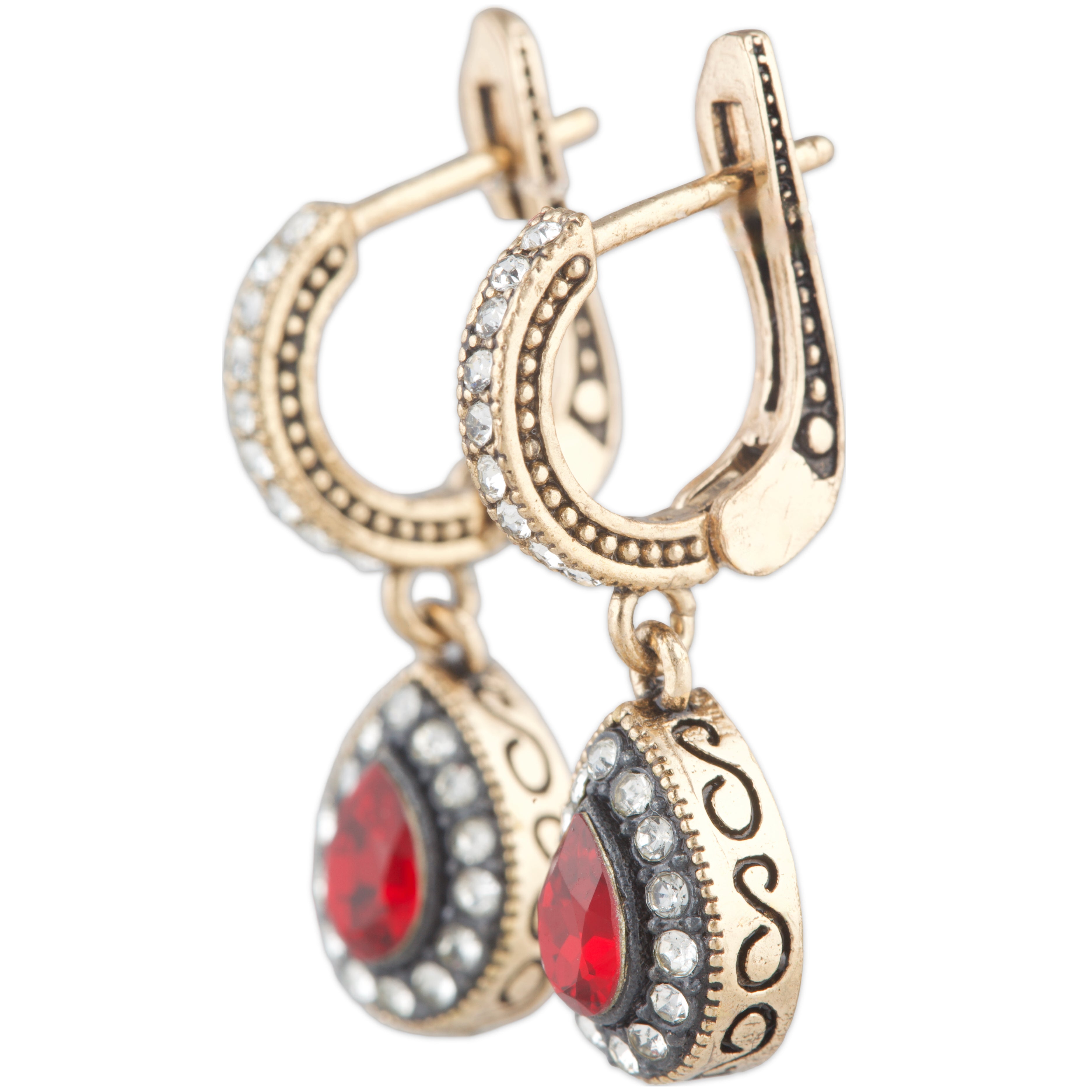 Gold hoop earrings with red gemstones and black accents on a white background