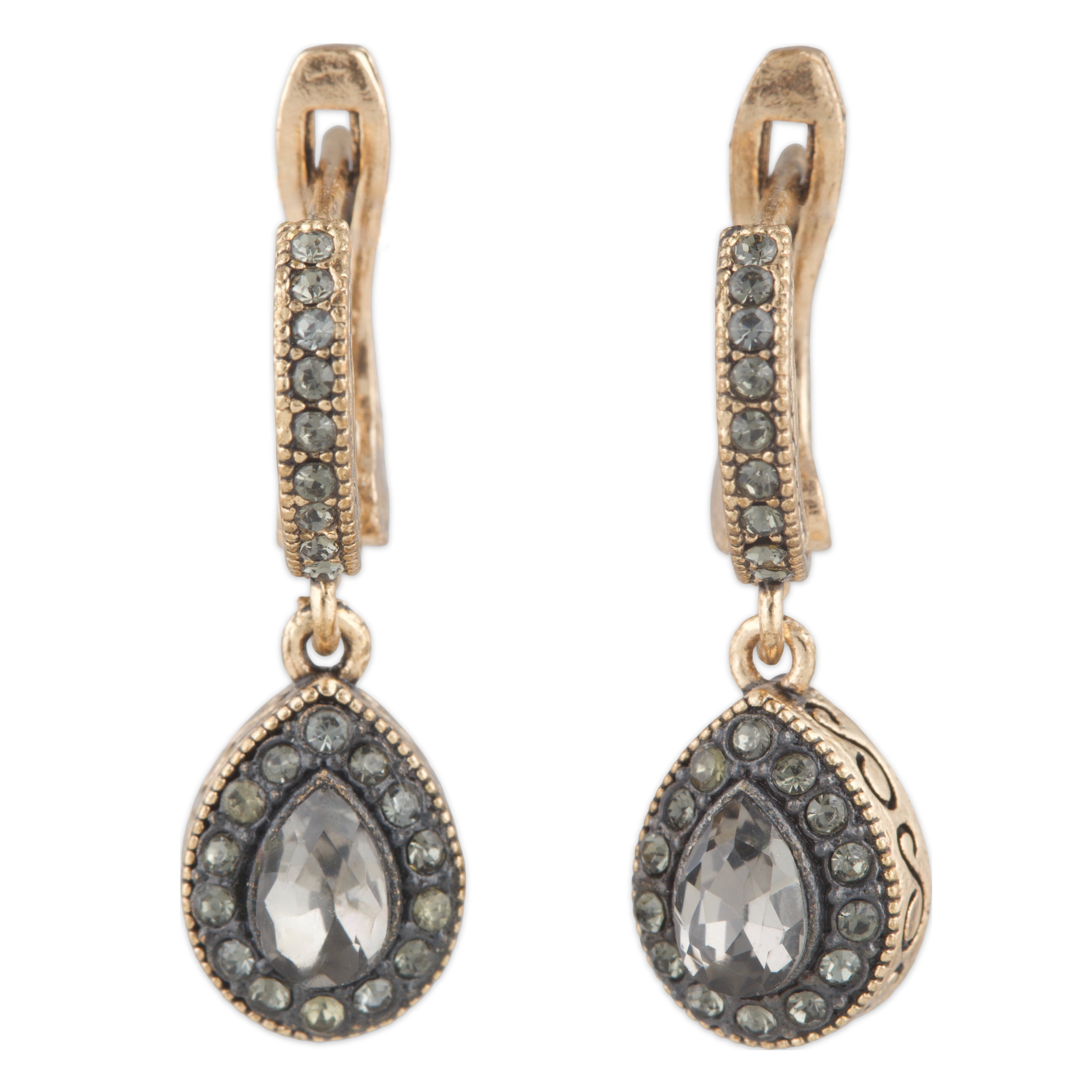 Pair of gold earrings with teardrop-shaped gemstones on a white background