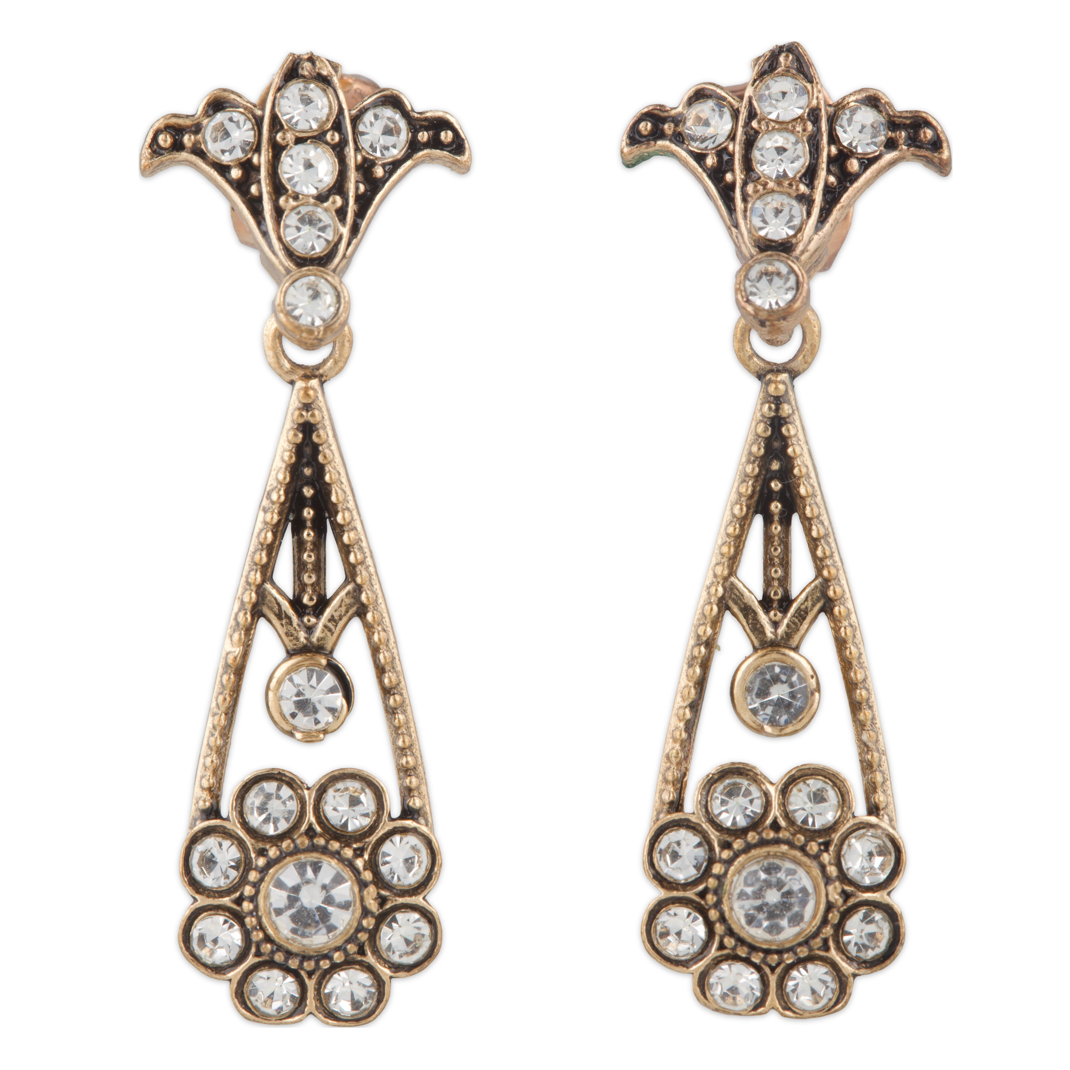 Pair of ornate earrings with crystal-like stones on a white background