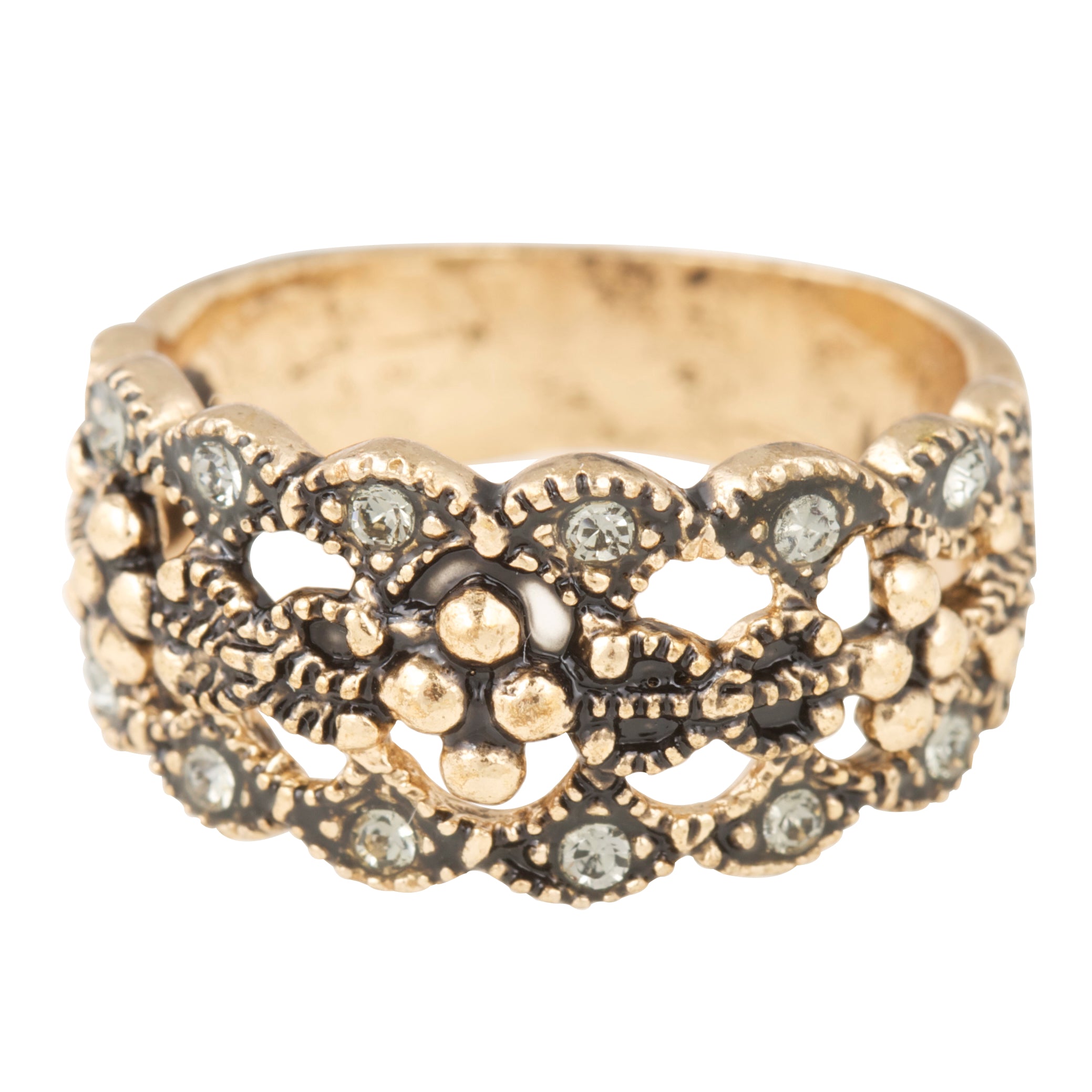 Gold ring with intricate design and embedded stones on a white background