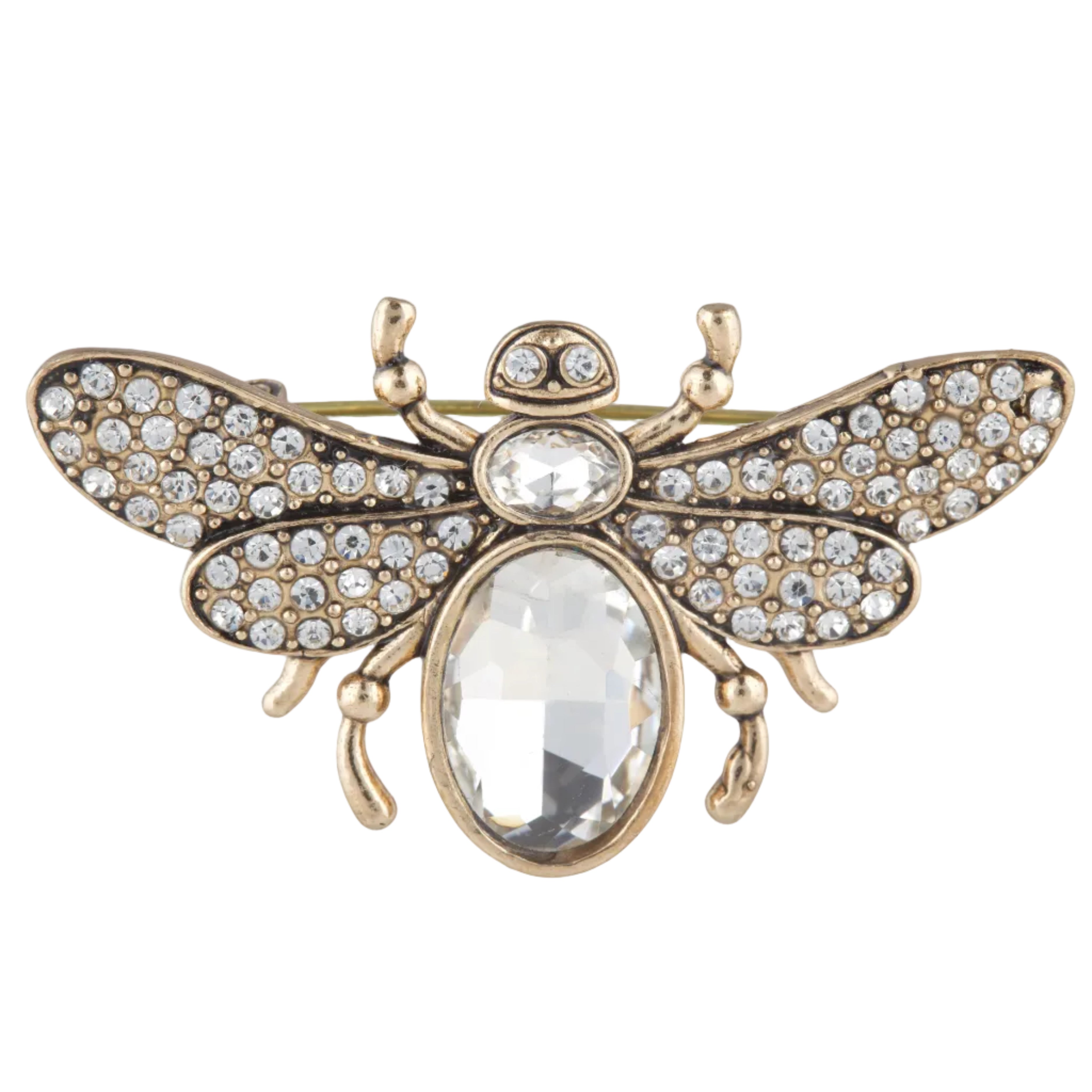 Gold bee-shaped brooch with crystal stones on a white background