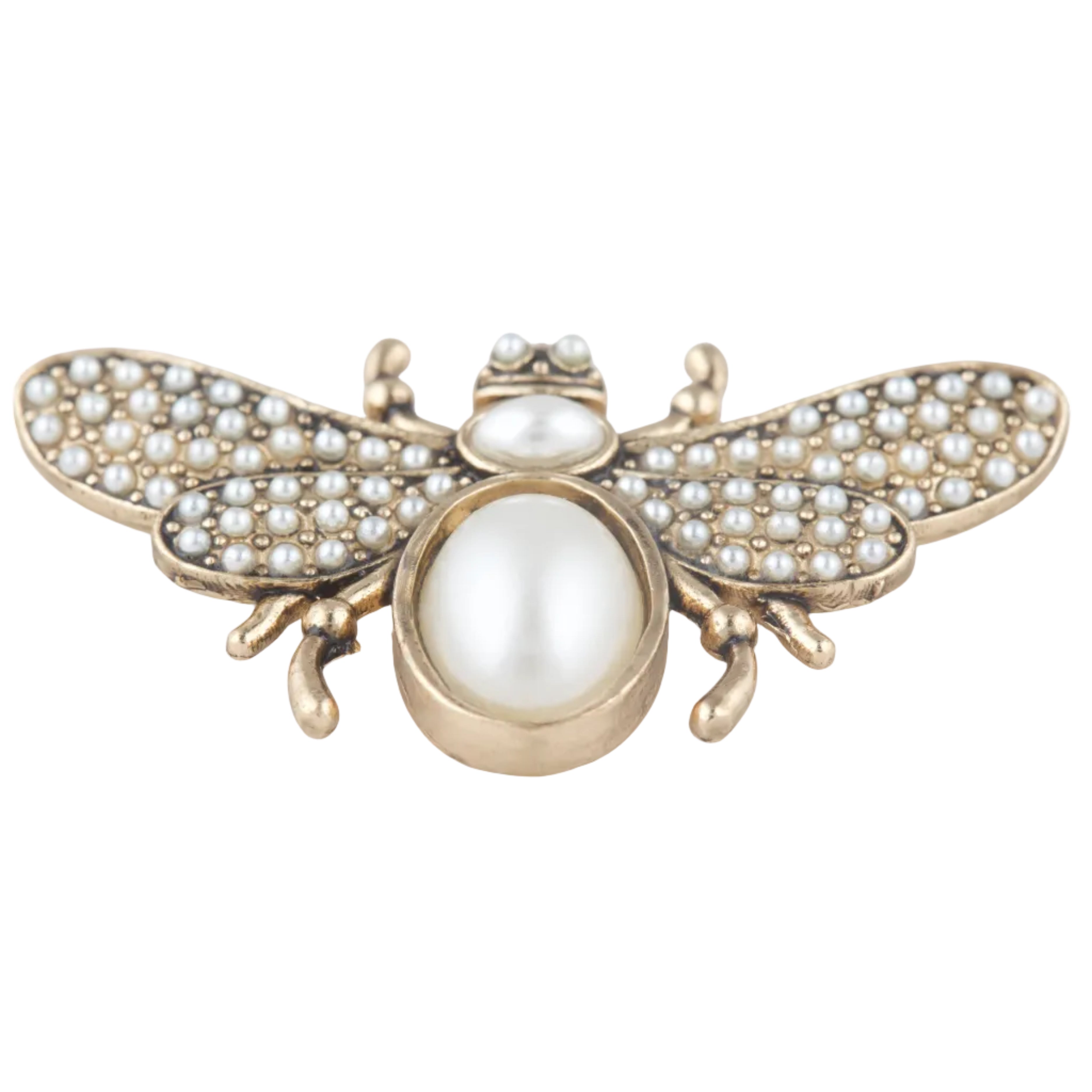 Gold bee-shaped brooch with pearl accents on a white background