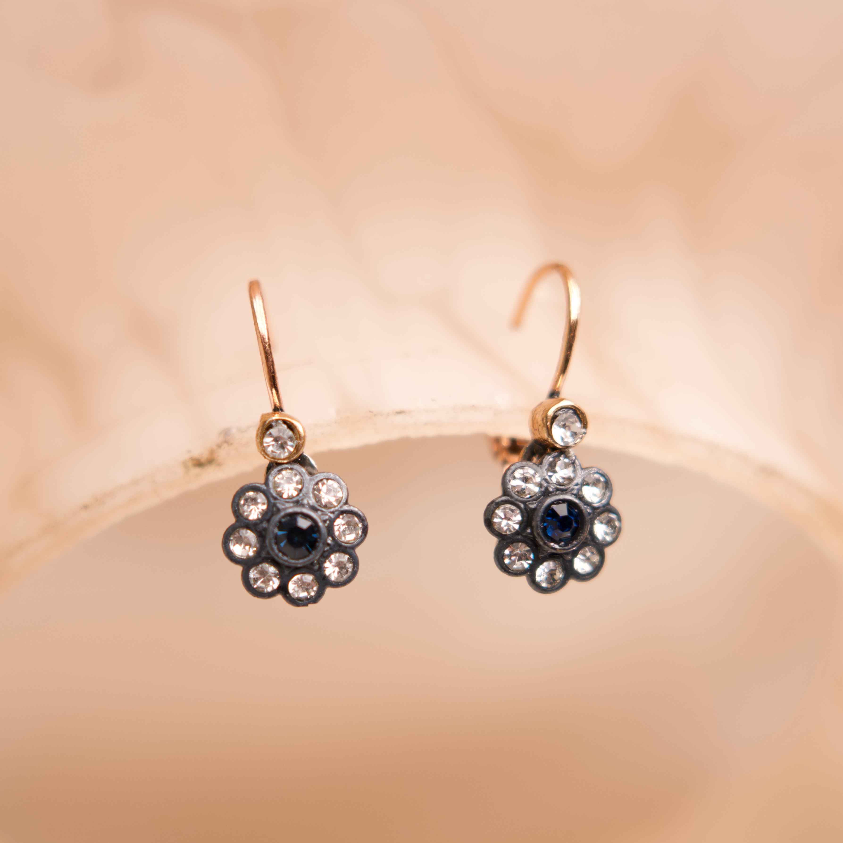 Pair of floral earrings with gemstones on a soft beige background
