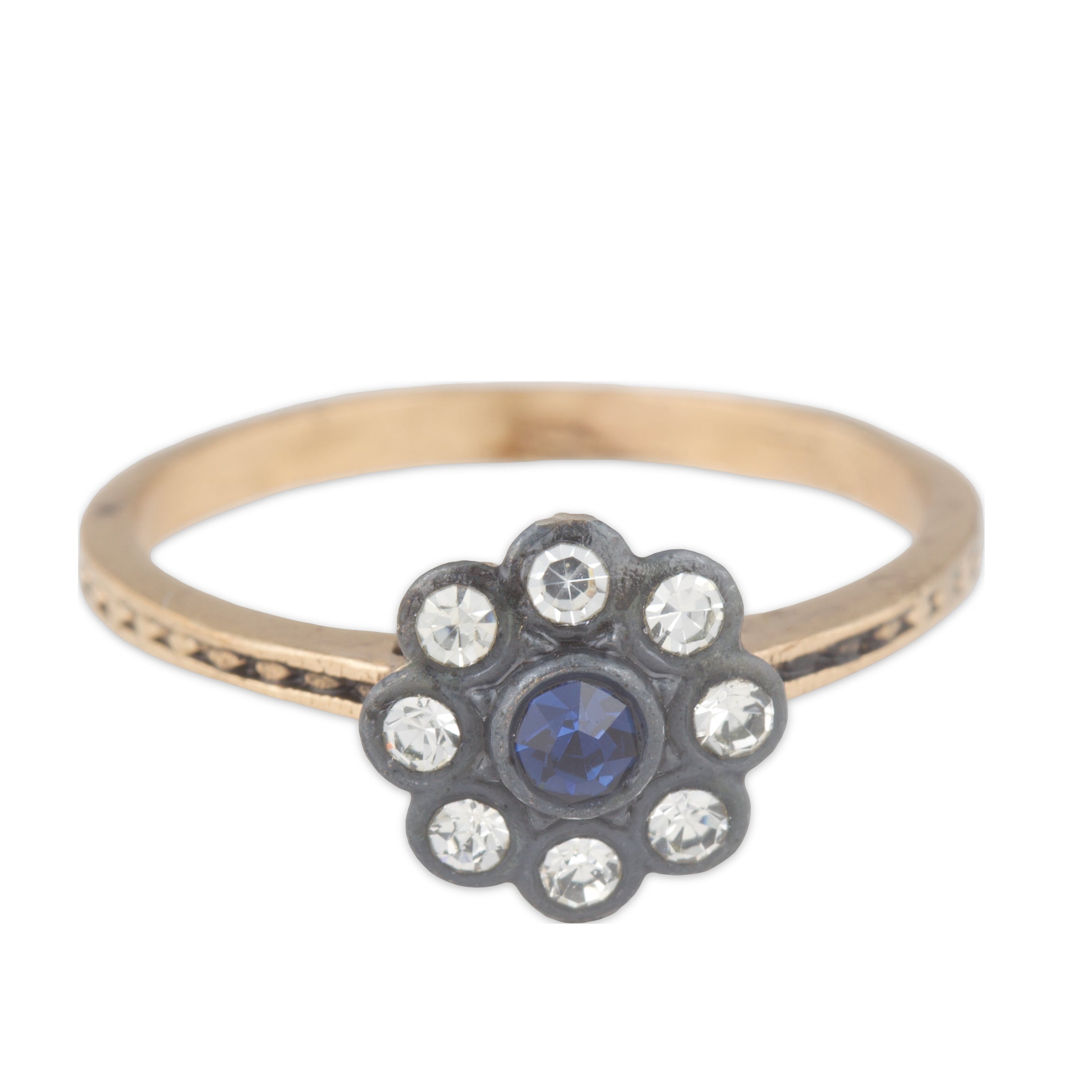Gold ring with a blue gemstone and silver accents on a white background