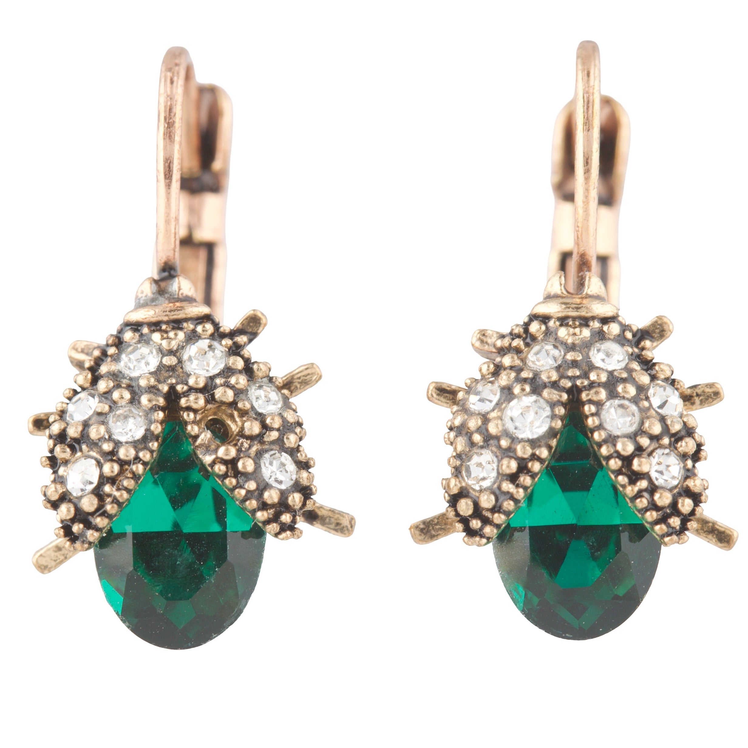 Pair of earrings with green teardrop stones and gold accents on a white background