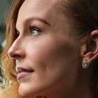 Close-up of a woman's face with a focus on her earrings.