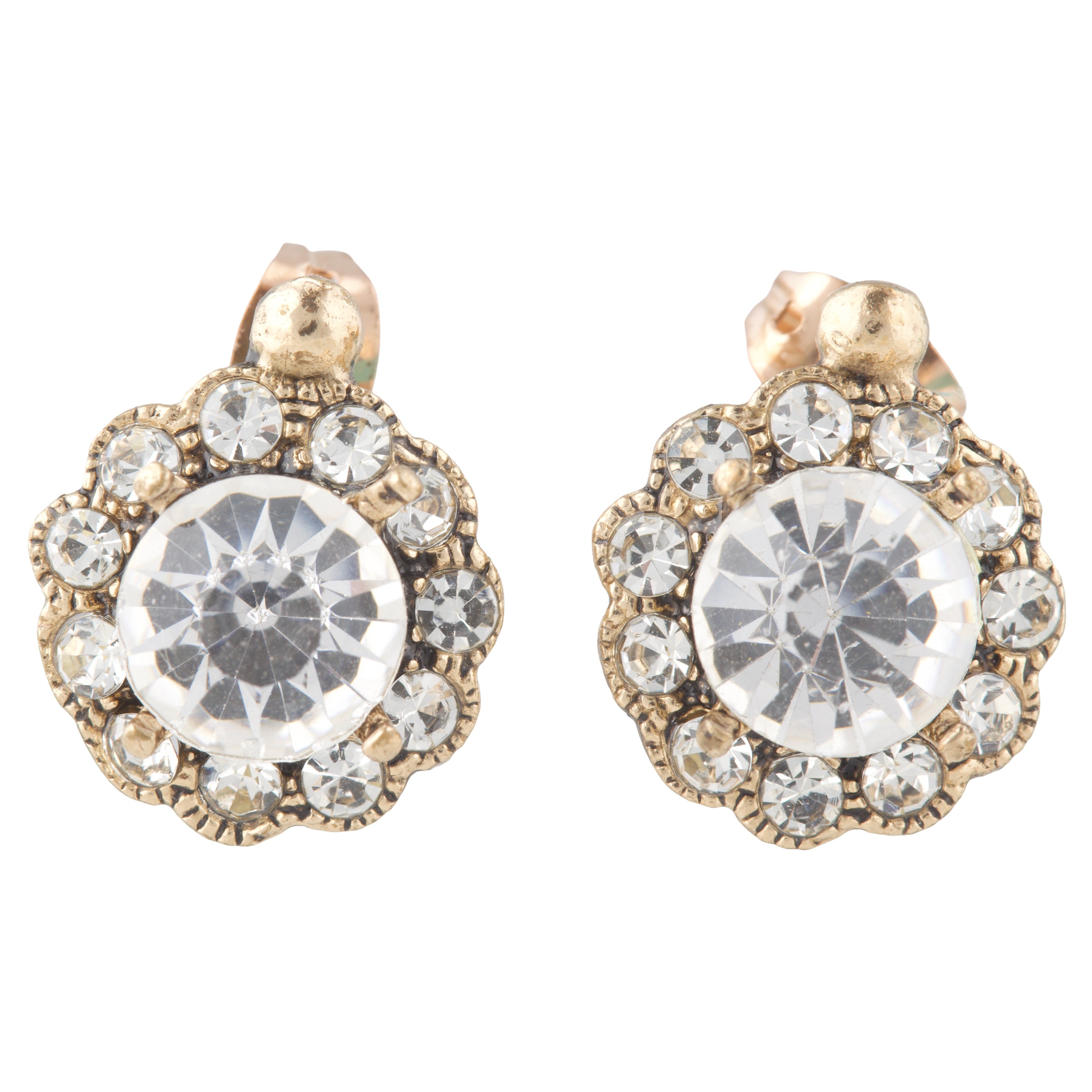 Pair of gold and crystal earrings on a white background