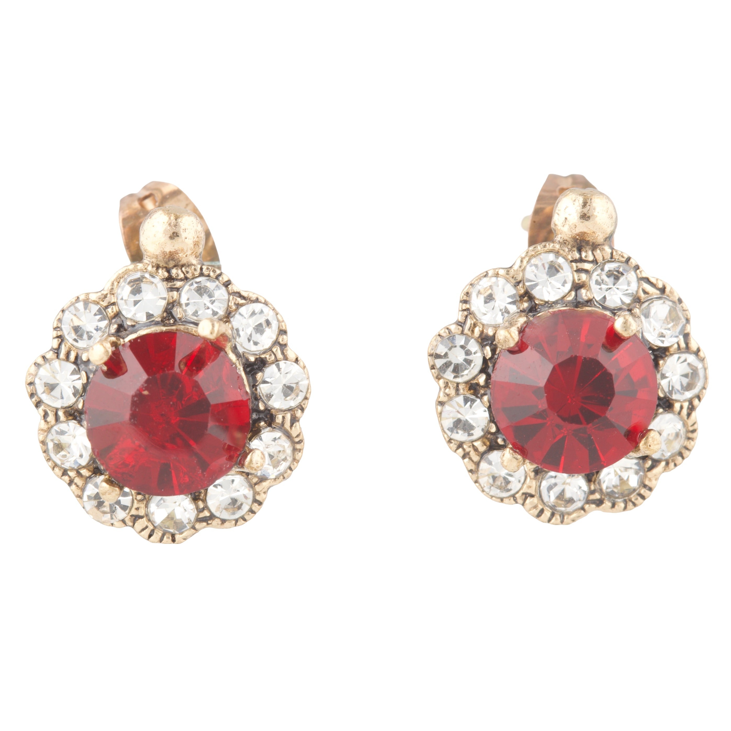 Pair of earrings with red gemstones and gold accents on a white background