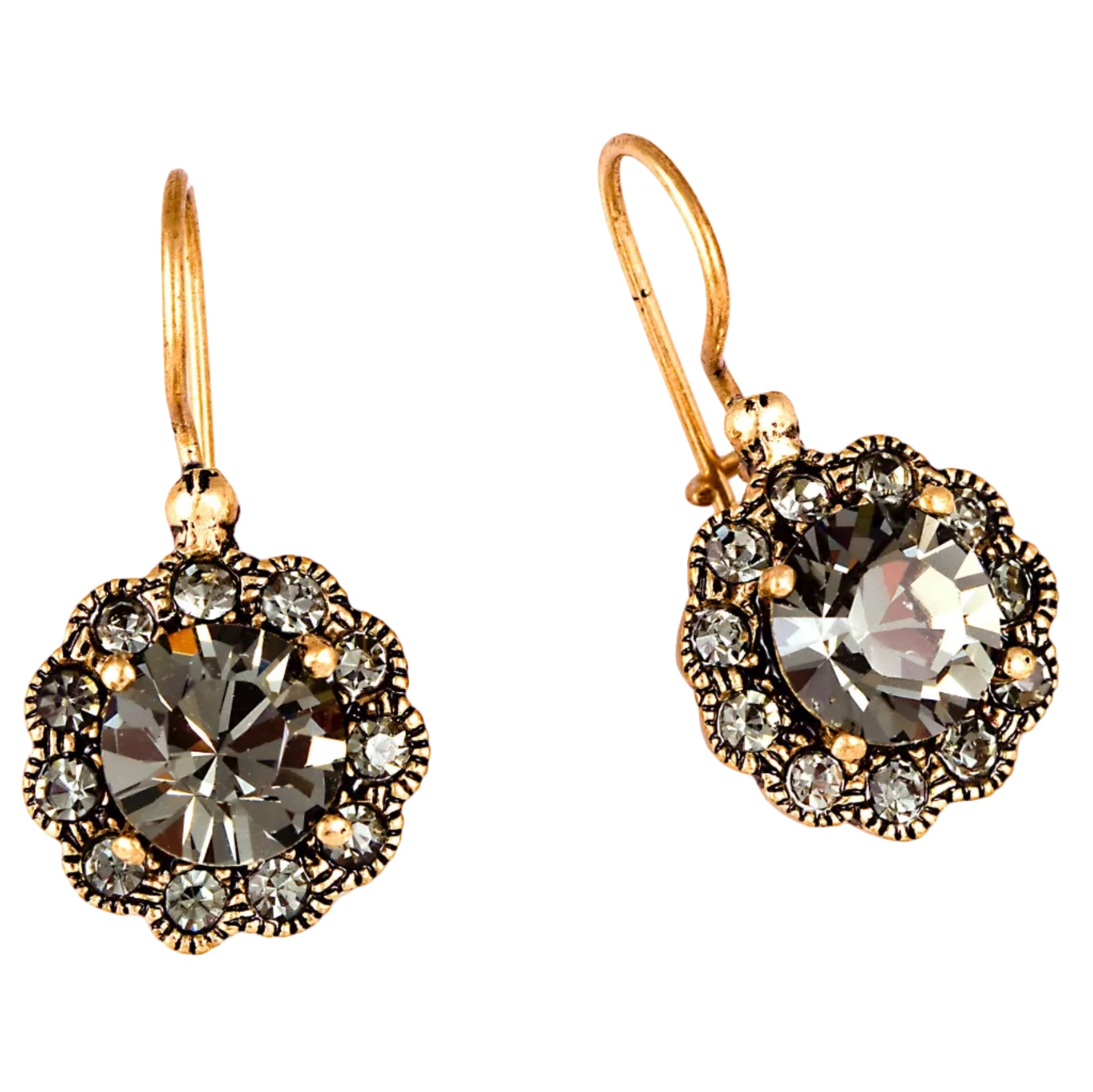 Pair of smoky coloured earrings with gold accents on a white background