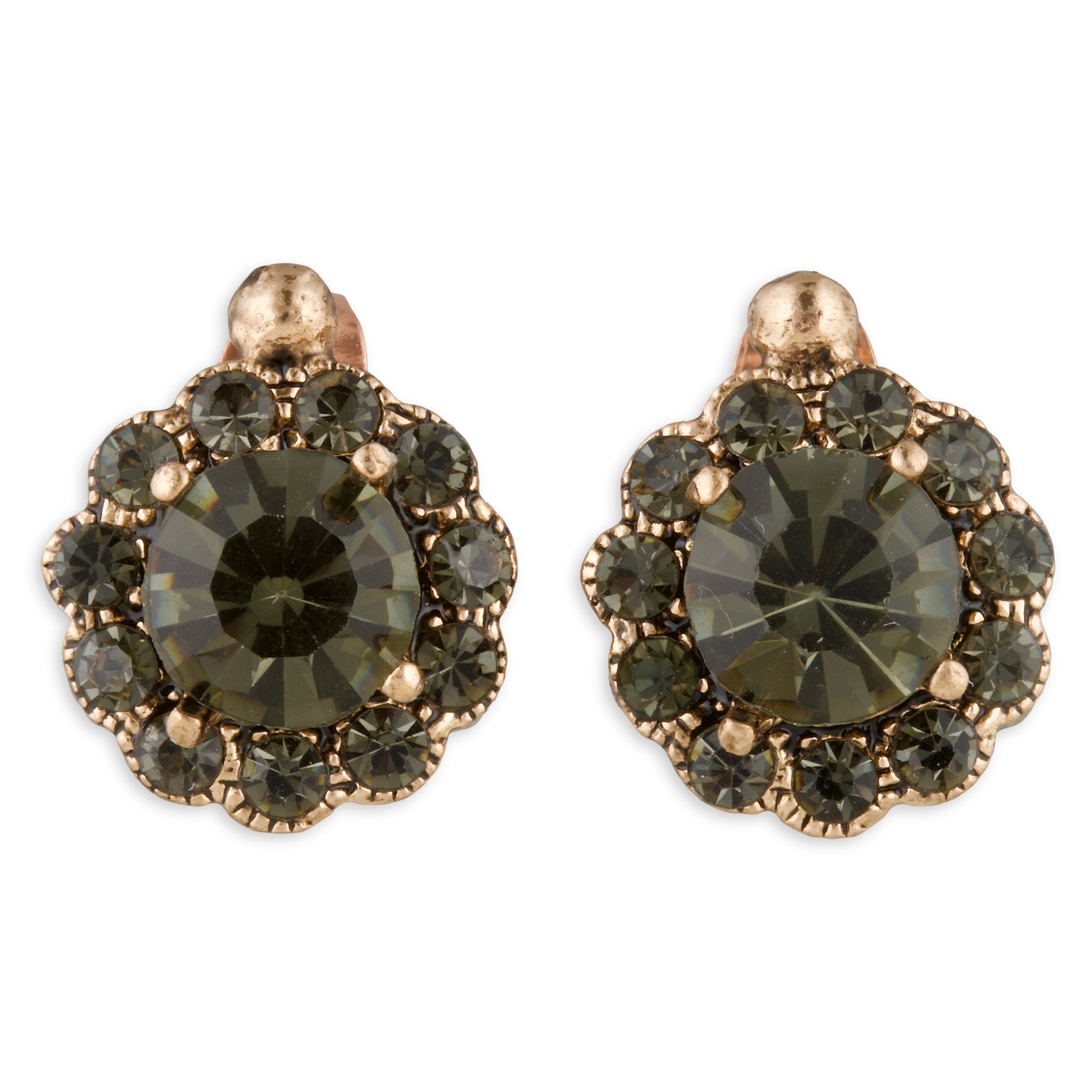 Pair of gold and green gemstone earrings on a white background