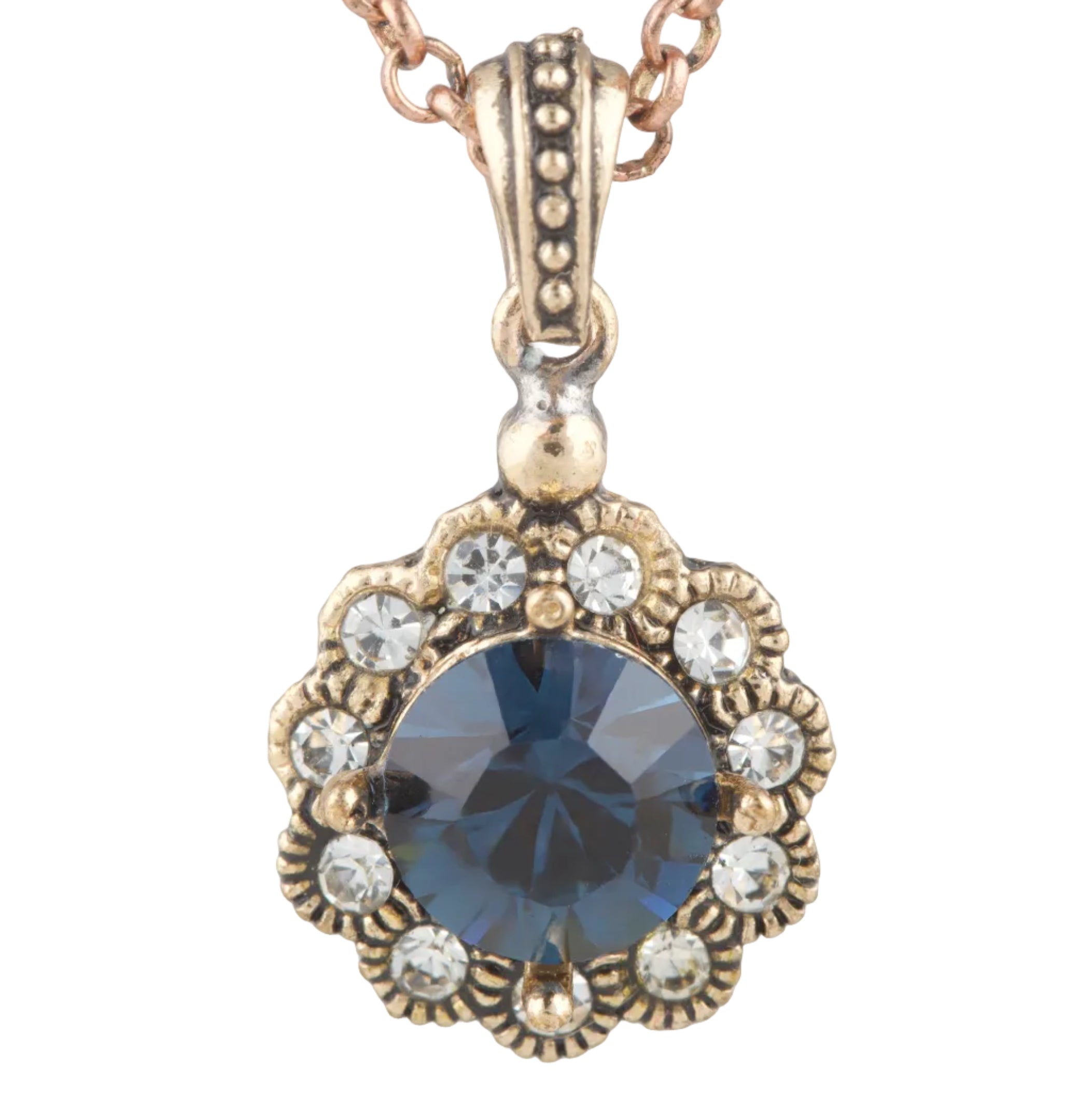 Gold and rose gold necklace with a blue gemstone pendant on a white background