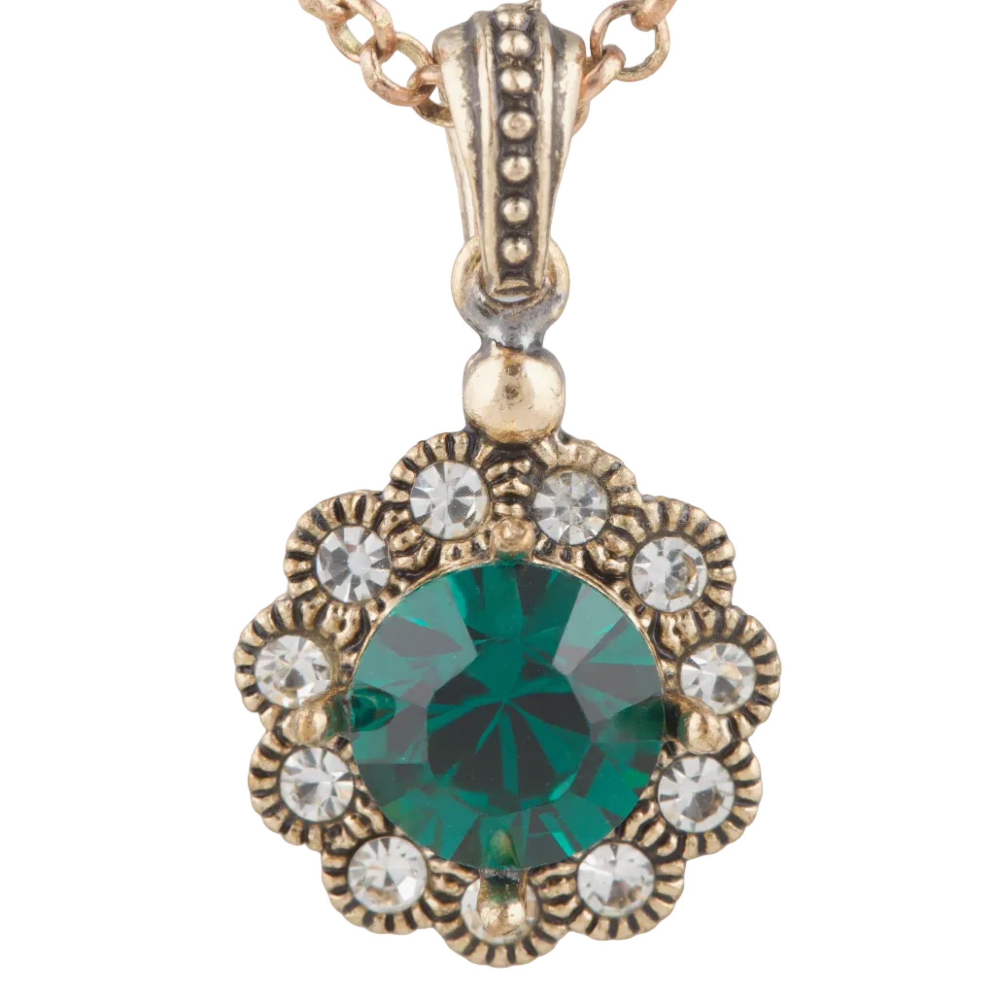 Gold necklace with a green gemstone pendant on a white background