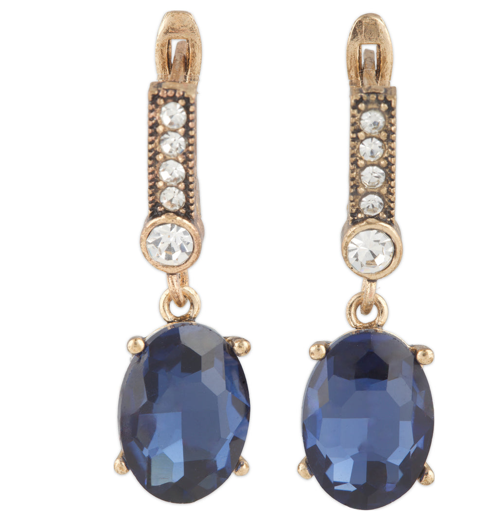 Pair of earrings with blue gemstones and gold accents on a white background