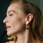 Close-up of a woman wearing earrings and a ring with a dark background