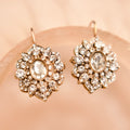 Pair of ornate earrings with clear gemstones on a beige background