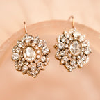 Pair of ornate earrings with clear gemstones on a beige background
