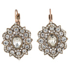 Pair of ornate earrings with clear gemstones on a white background