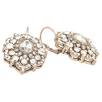 Pair of ornate earrings with clear gemstones on a white background