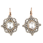 Pair of ornate earrings with clear gemstones and gold accents on a white background