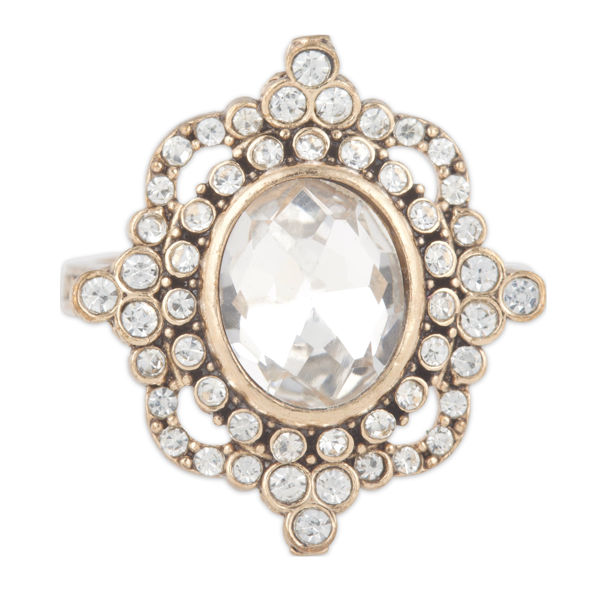 Decorative ring with a central gemstone and surrounding crystals on a white background