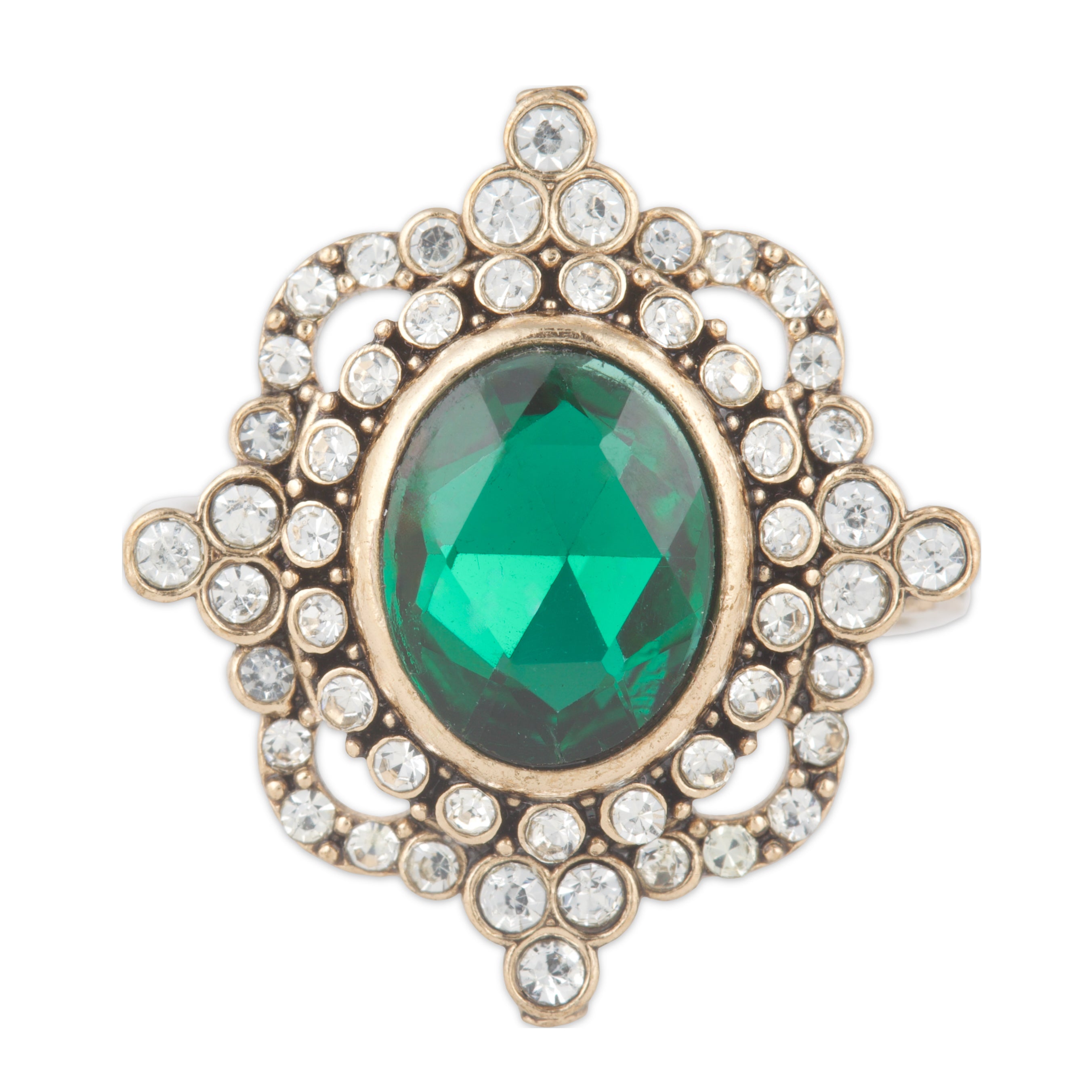 Gold ring with a green gemstone and clear stones on a white background