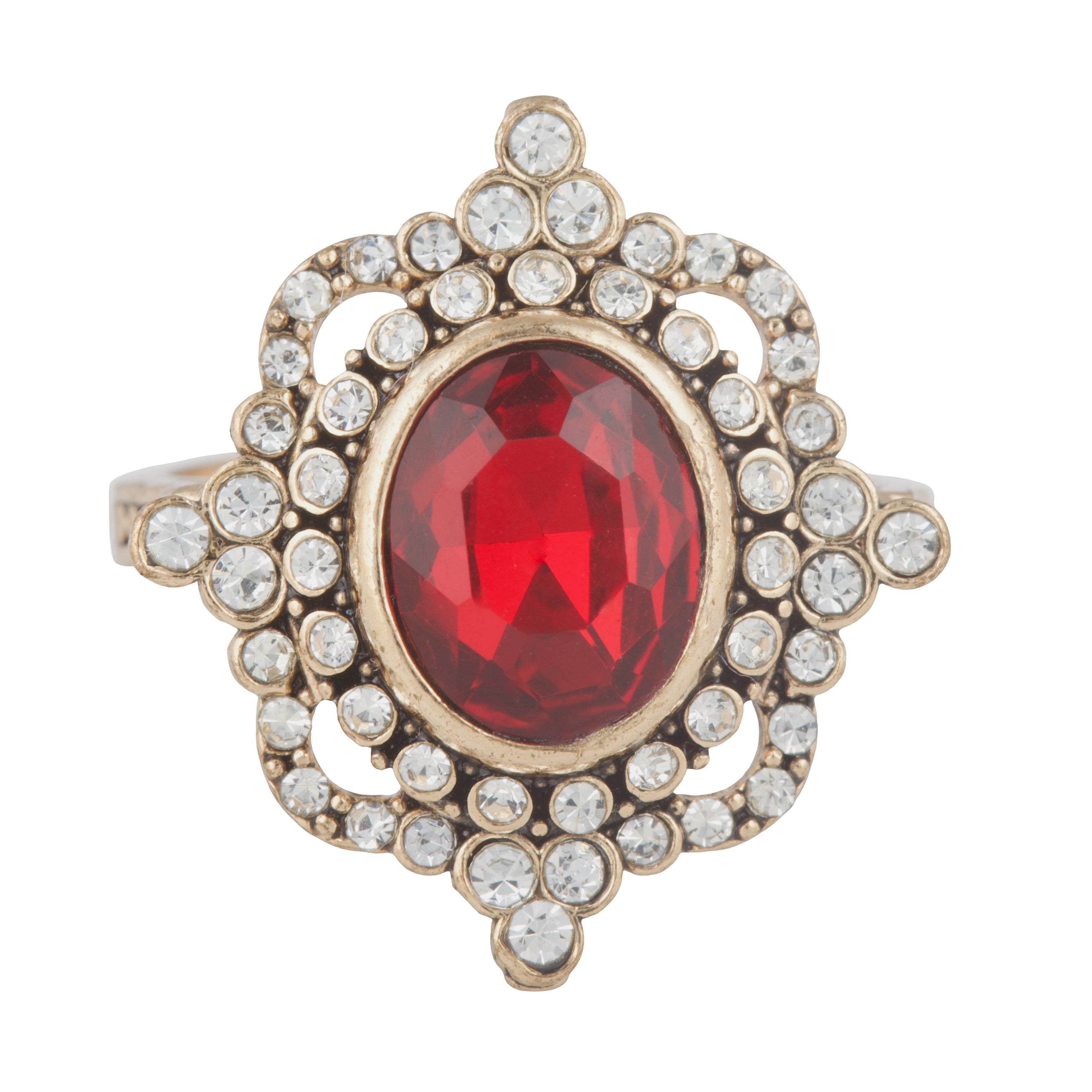Ring with a red gemstone and gold accents on a white background