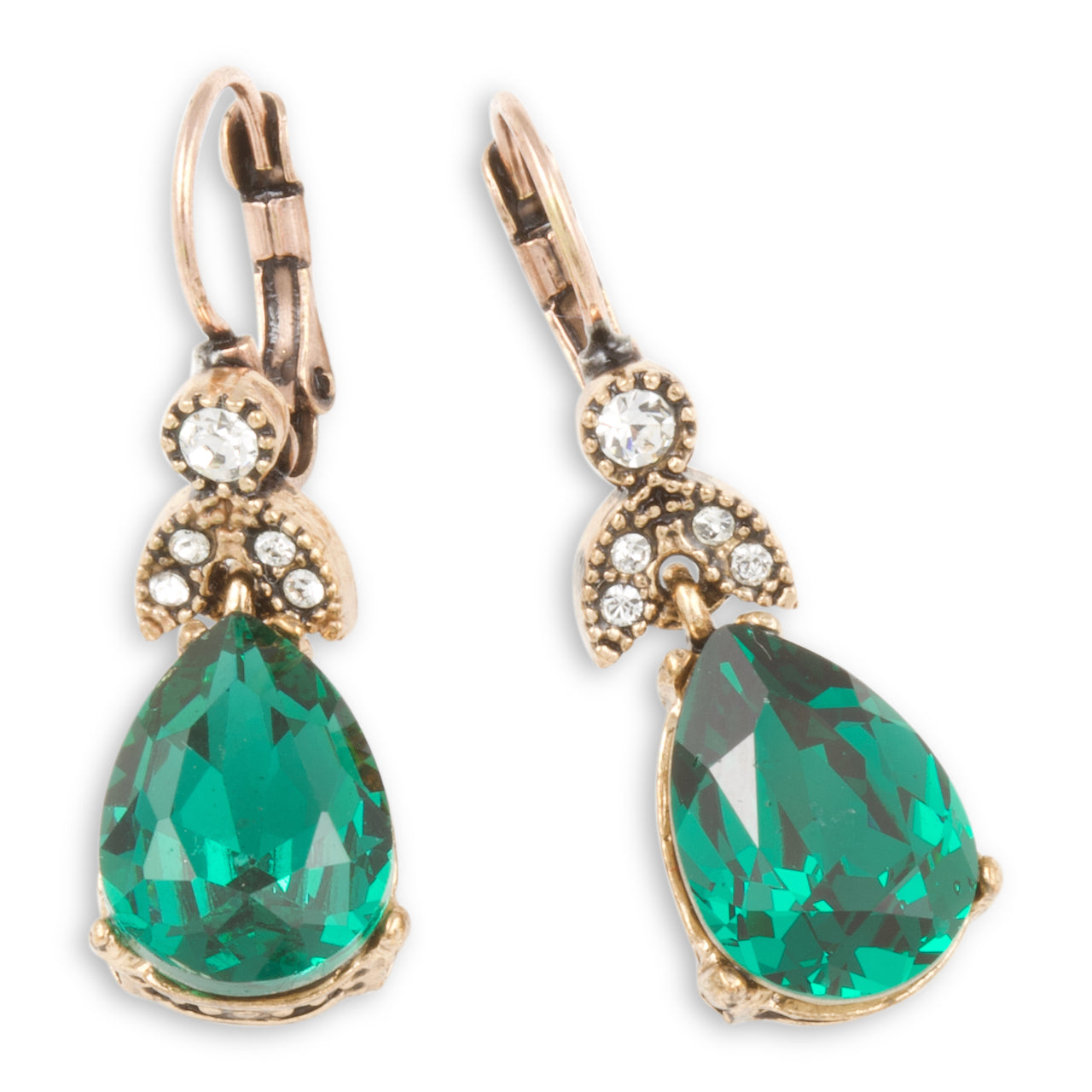 Pair of green teardrop earrings with gold and rose gold accents on a white background