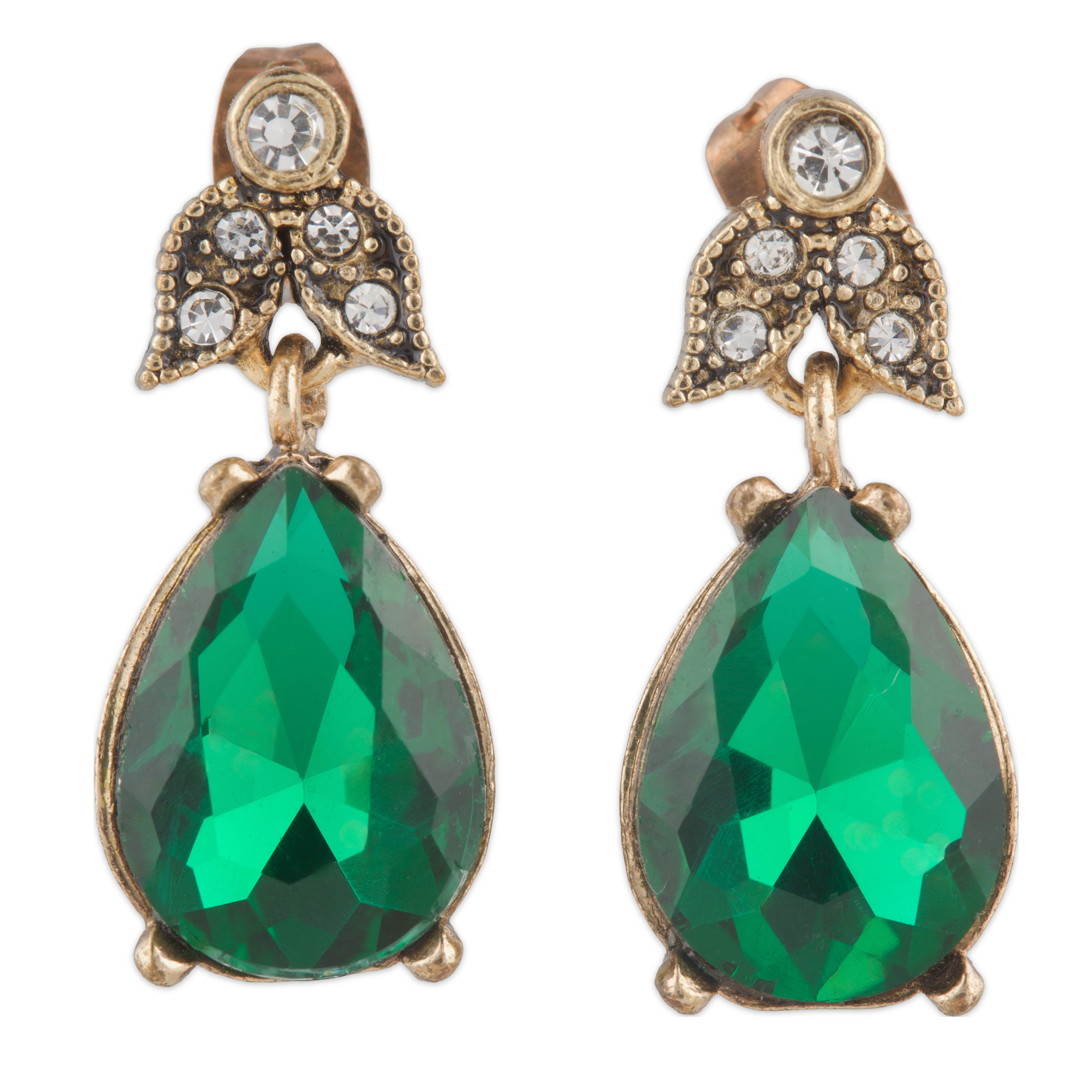 Pair of earrings with green teardrop stones and gold accents on a white background