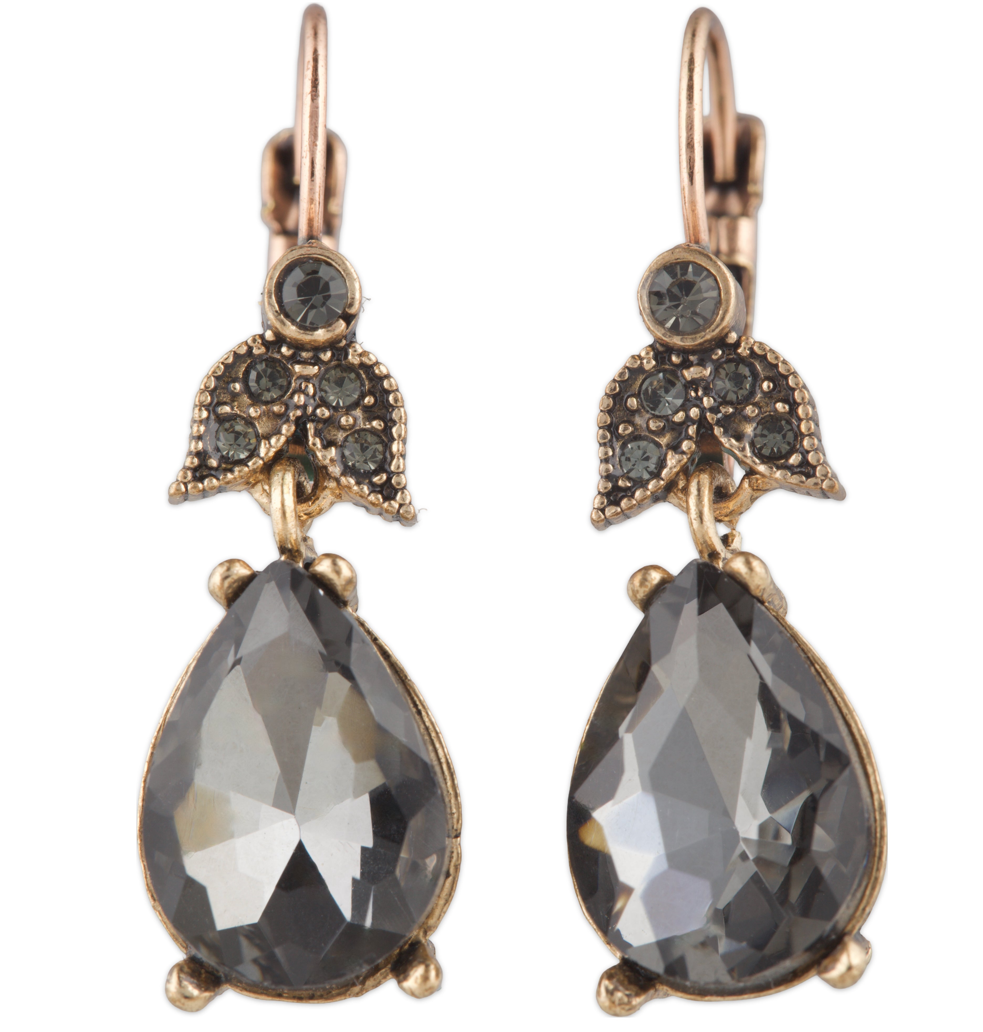 Pair of earrings with teardrop-shaped gemstones and leaf-like designs on a white background