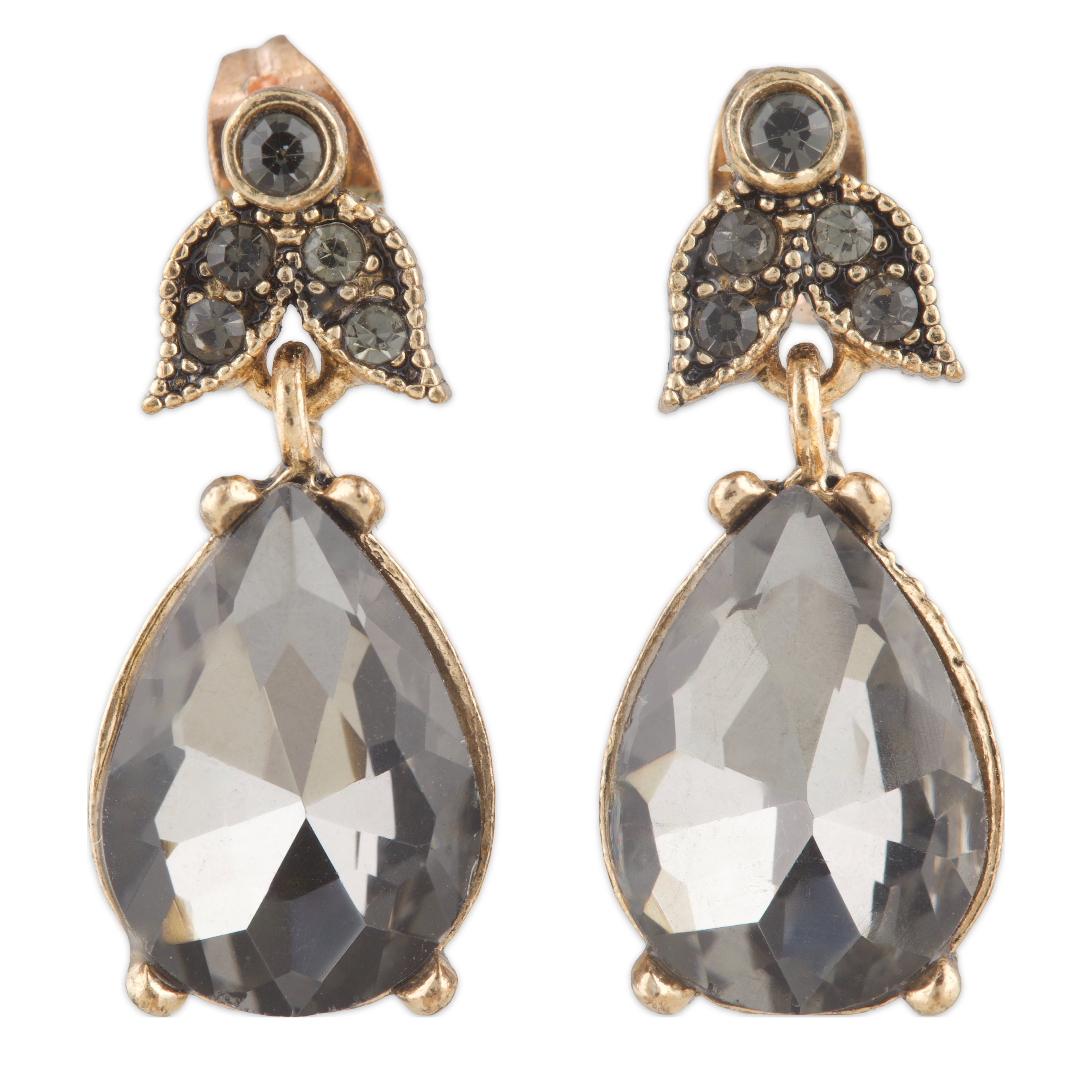 Pair of gold earrings with teardrop-shaped gemstones on a white background