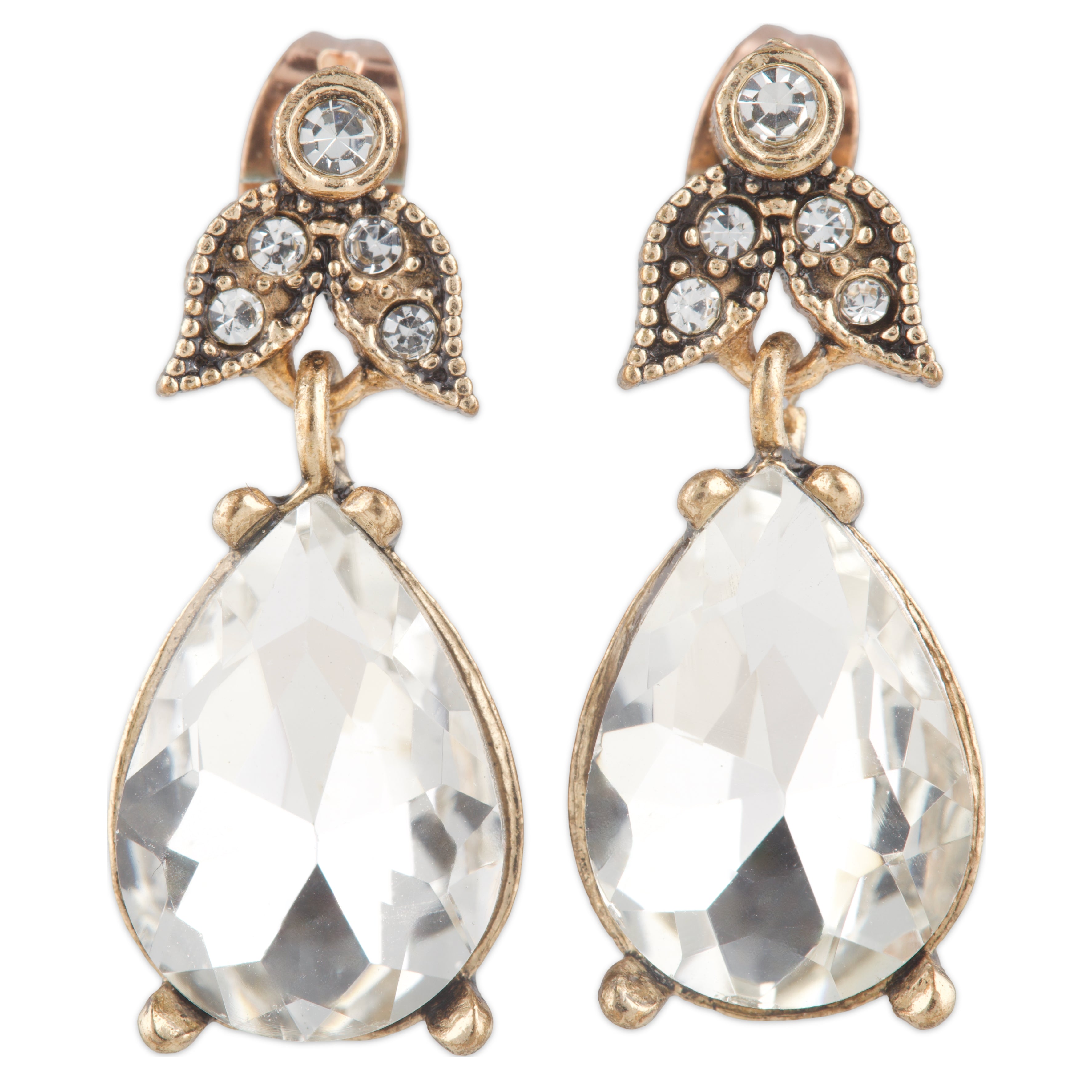 Gold earrings with clear teardrop-shaped gemstones on a white background
