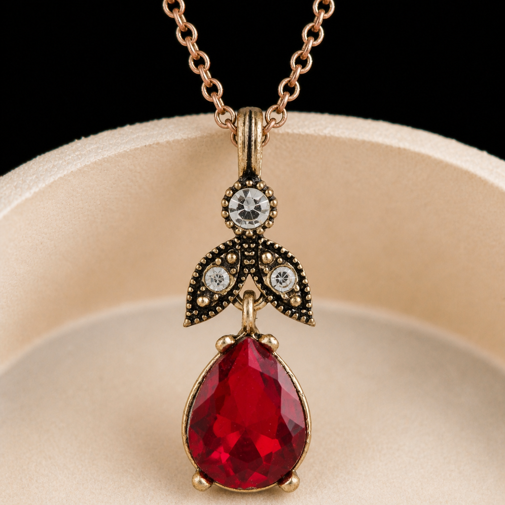 A gold-toned pendant necklace featuring a large faceted red teardrop gemstone and ornate black-and-gold decorative details with small clear stones, displayed against a cream-colored surface with a black background.
