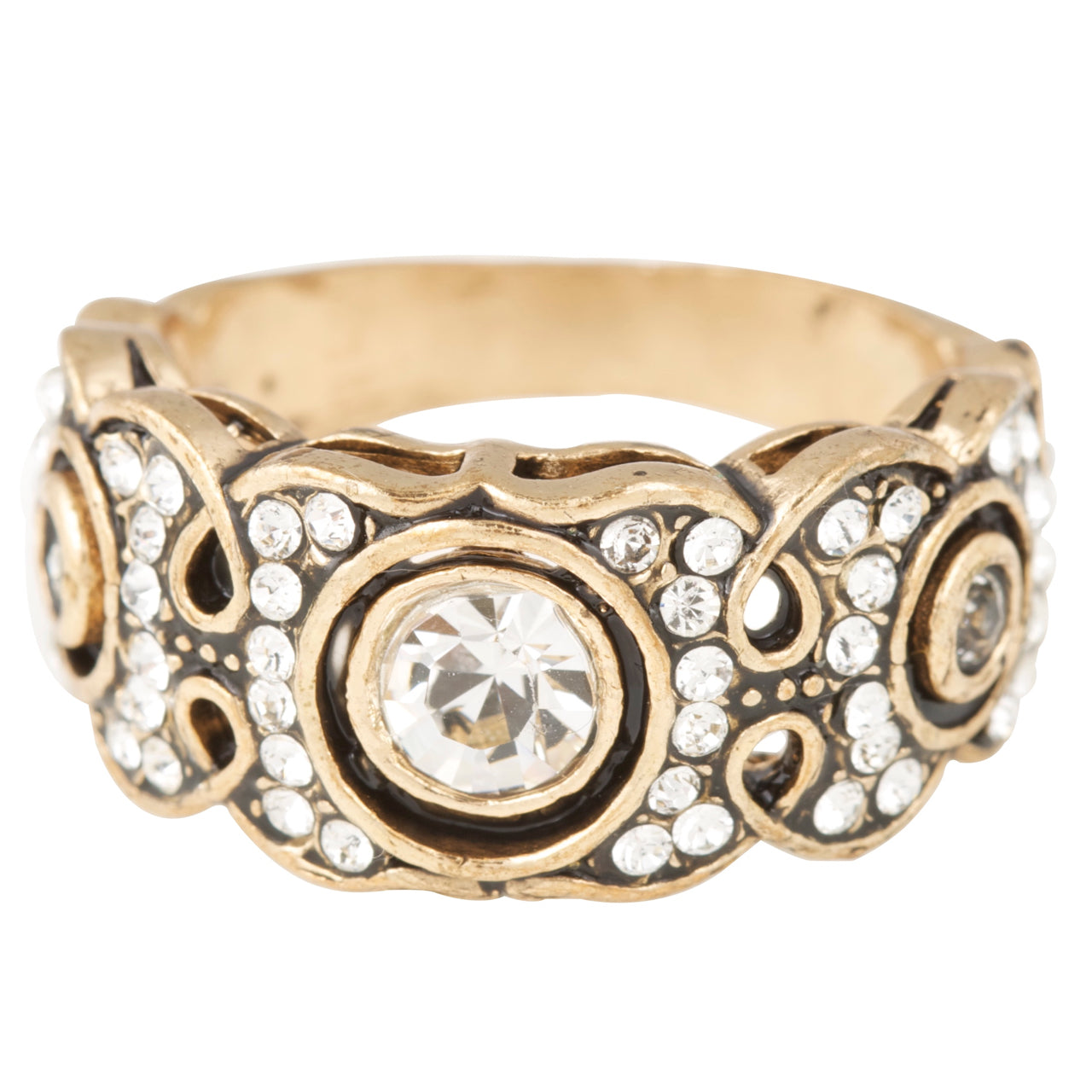 Gold ring with intricate design and clear gemstones on a white background