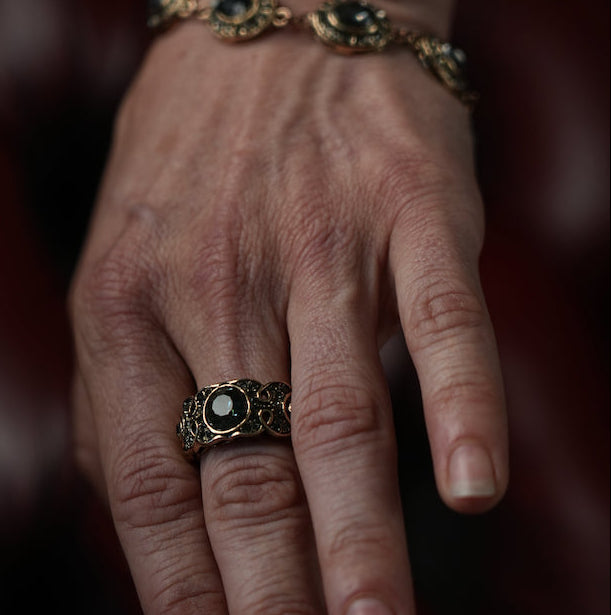 Hand with a ring and bracelet against a blurred background
