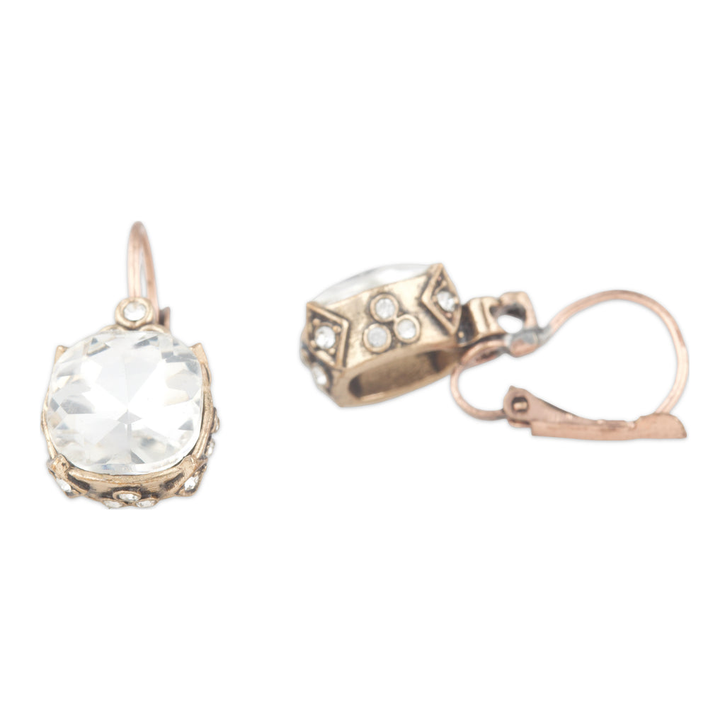 Rose gold earrings with clear gemstones on a white background