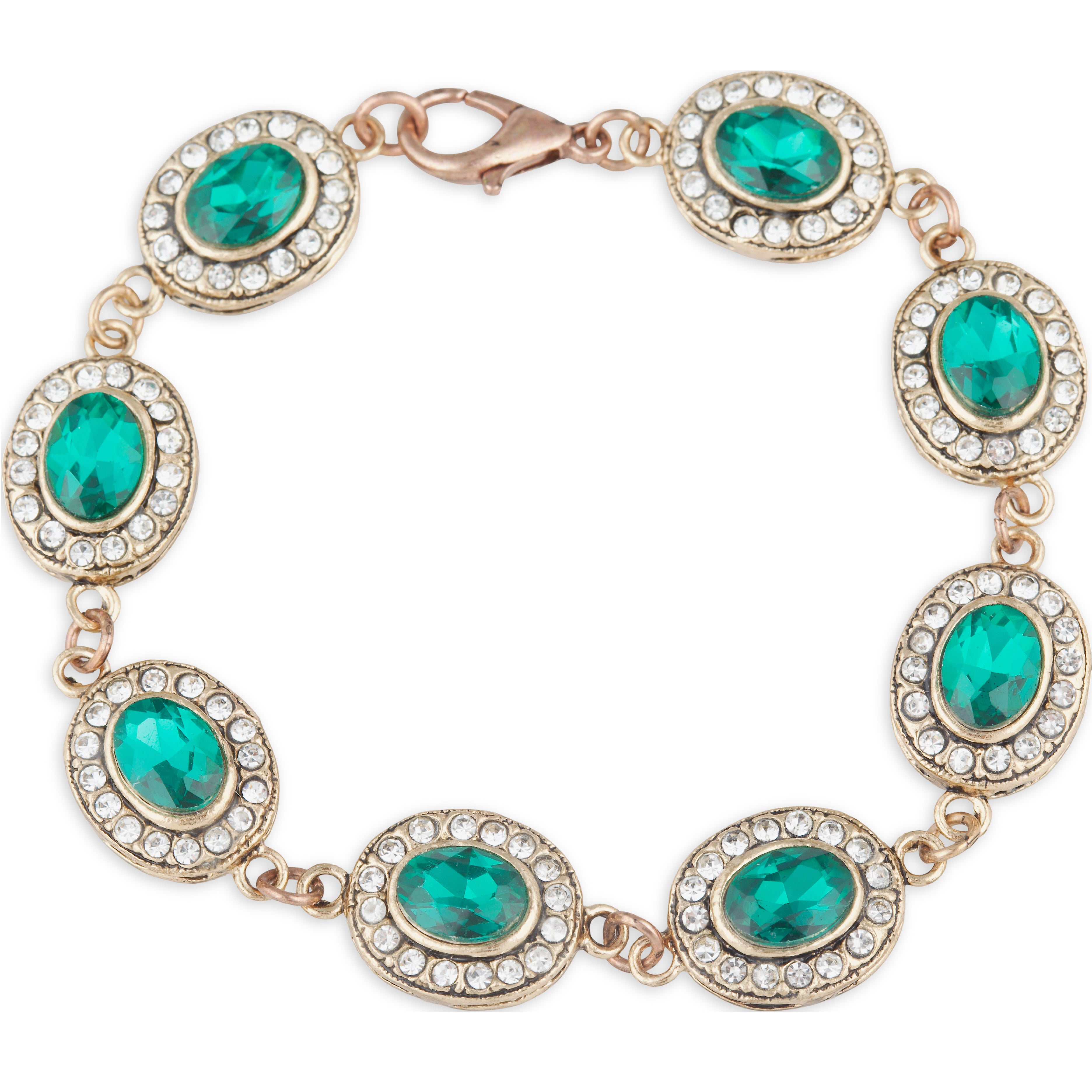 Gold bracelet with green gemstones on a white background